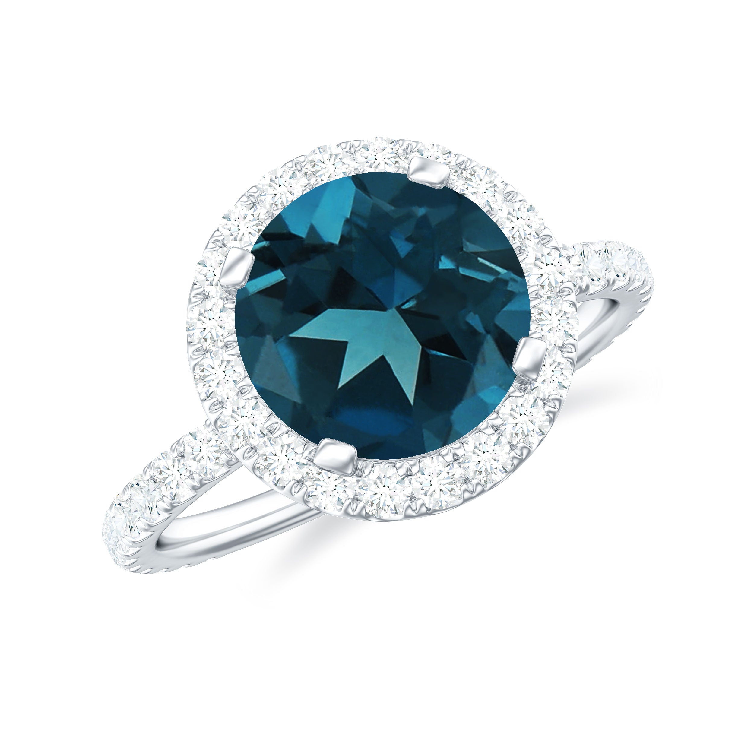 Real London Blue Topaz Halo Engagement Ring with Diamond London Blue Topaz - ( AAA ) - Quality - Rosec Jewels
