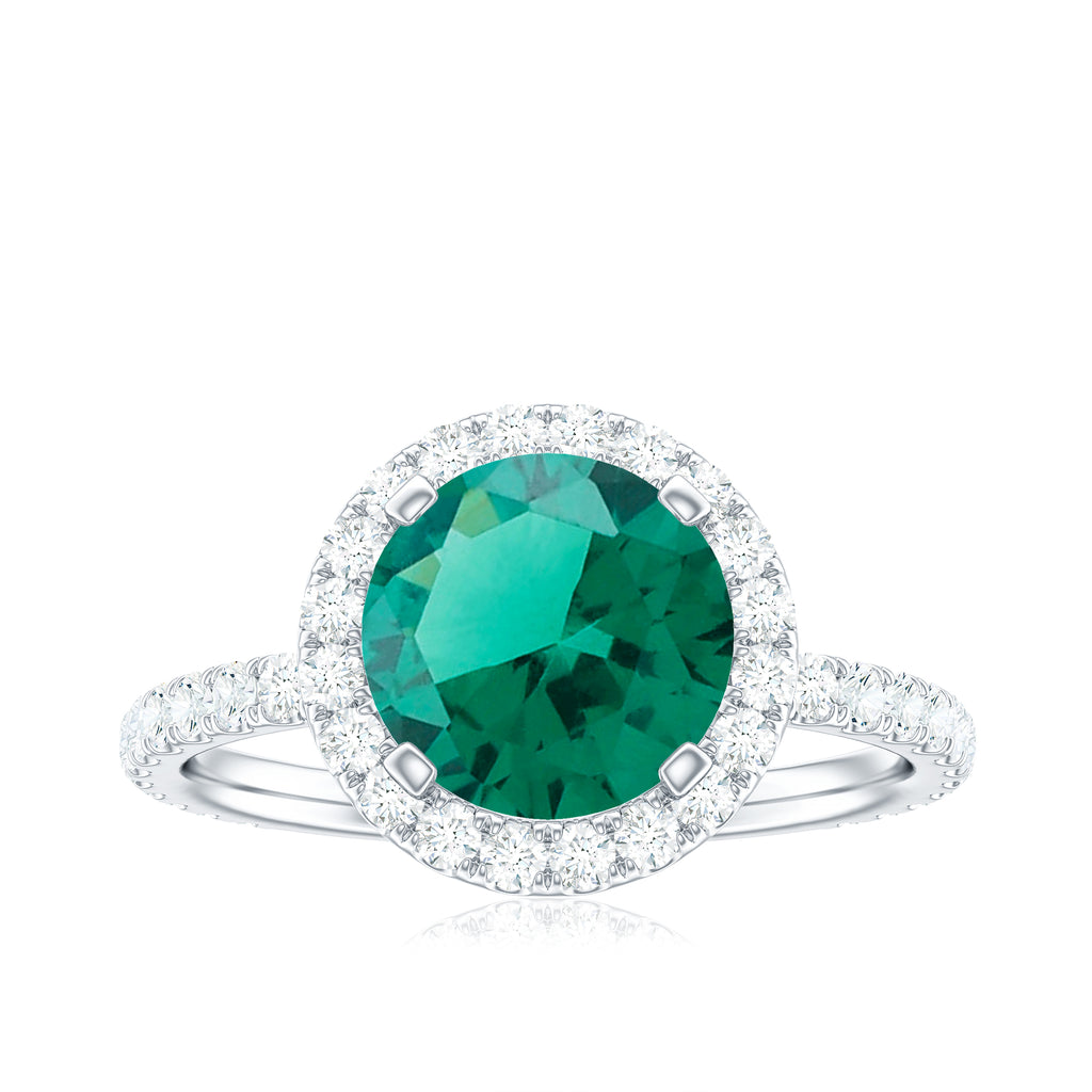 Round Created Emerald Classic Halo Engagement Ring with Moissanite Lab Created Emerald - ( AAAA ) - Quality - Rosec Jewels