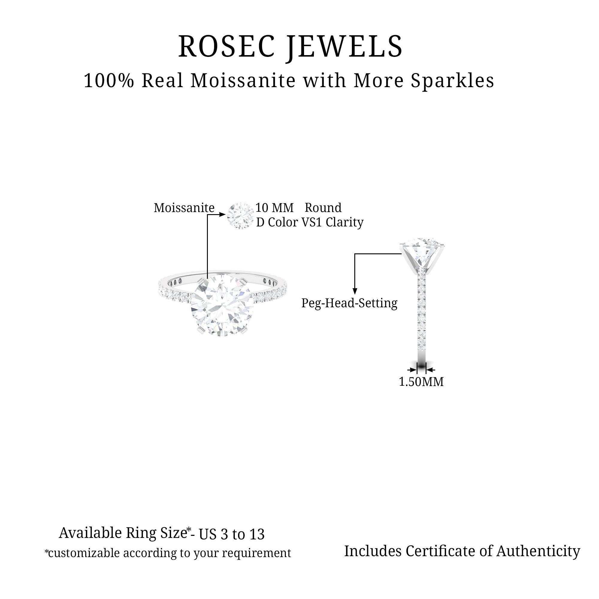 Solitaire Engagement Ring with Round Moissanite and Side Stones Moissanite - ( D-VS1 ) - Color and Clarity - Rosec Jewels