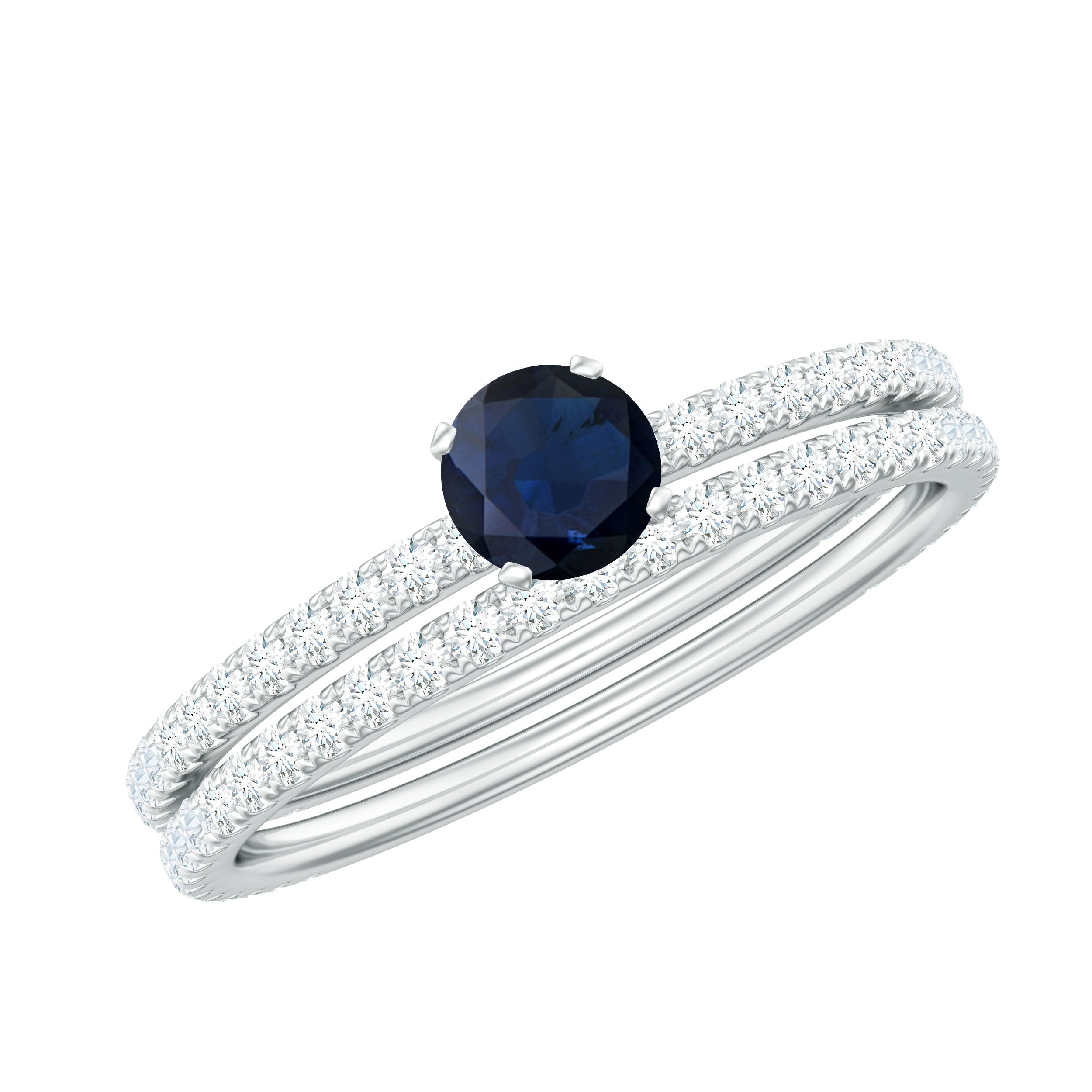 Blue Sapphire Solitaire and Diamond Simple Engagement Ring Set Blue Sapphire - ( AAA ) - Quality - Rosec Jewels