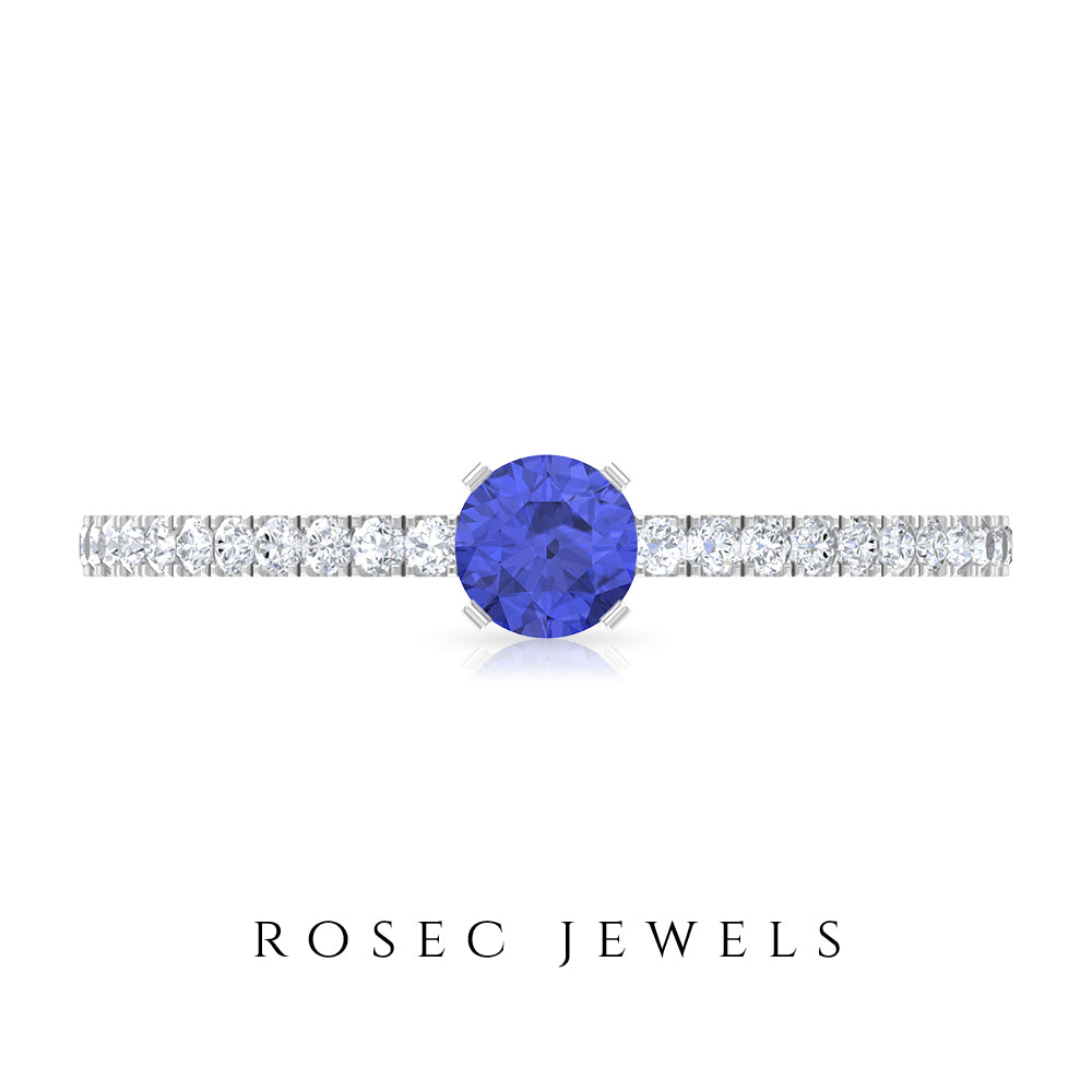 Tanzanite Dainty Solitaire Ring with French Pave Set Diamond Tanzanite - ( AAA ) - Quality - Rosec Jewels UK
