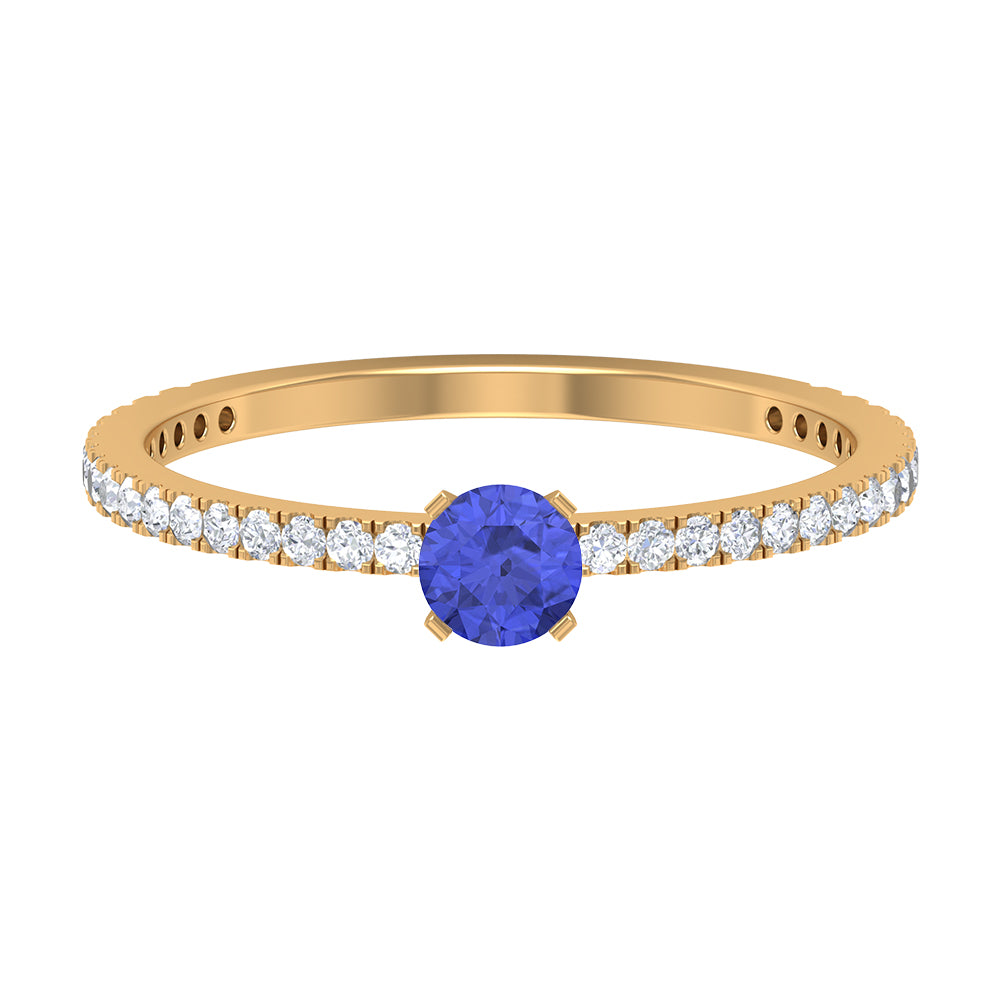 Tanzanite Dainty Solitaire Ring with French Pave Set Diamond Tanzanite - ( AAA ) - Quality - Rosec Jewels UK
