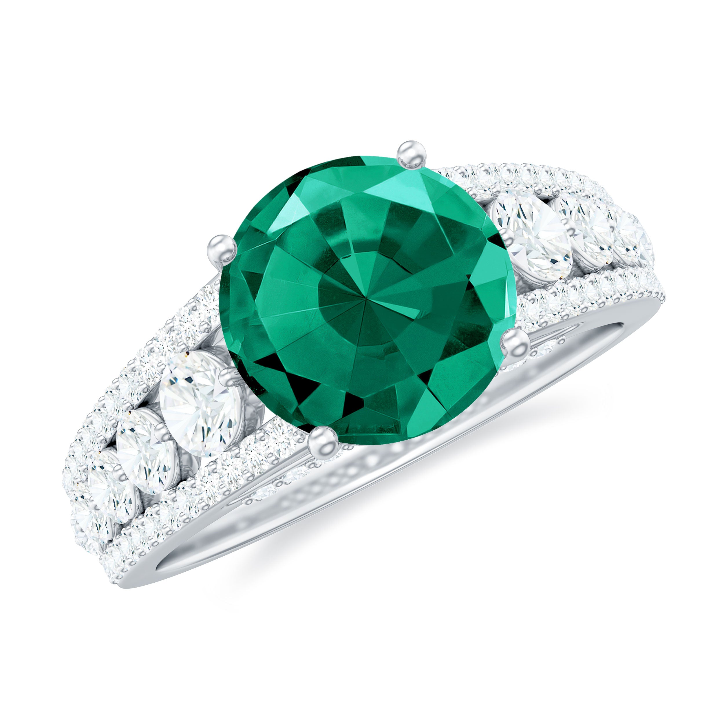 Created Emerald Engagement Ring with Moissanite Side Stones Lab Created Emerald - ( AAAA ) - Quality - Rosec Jewels