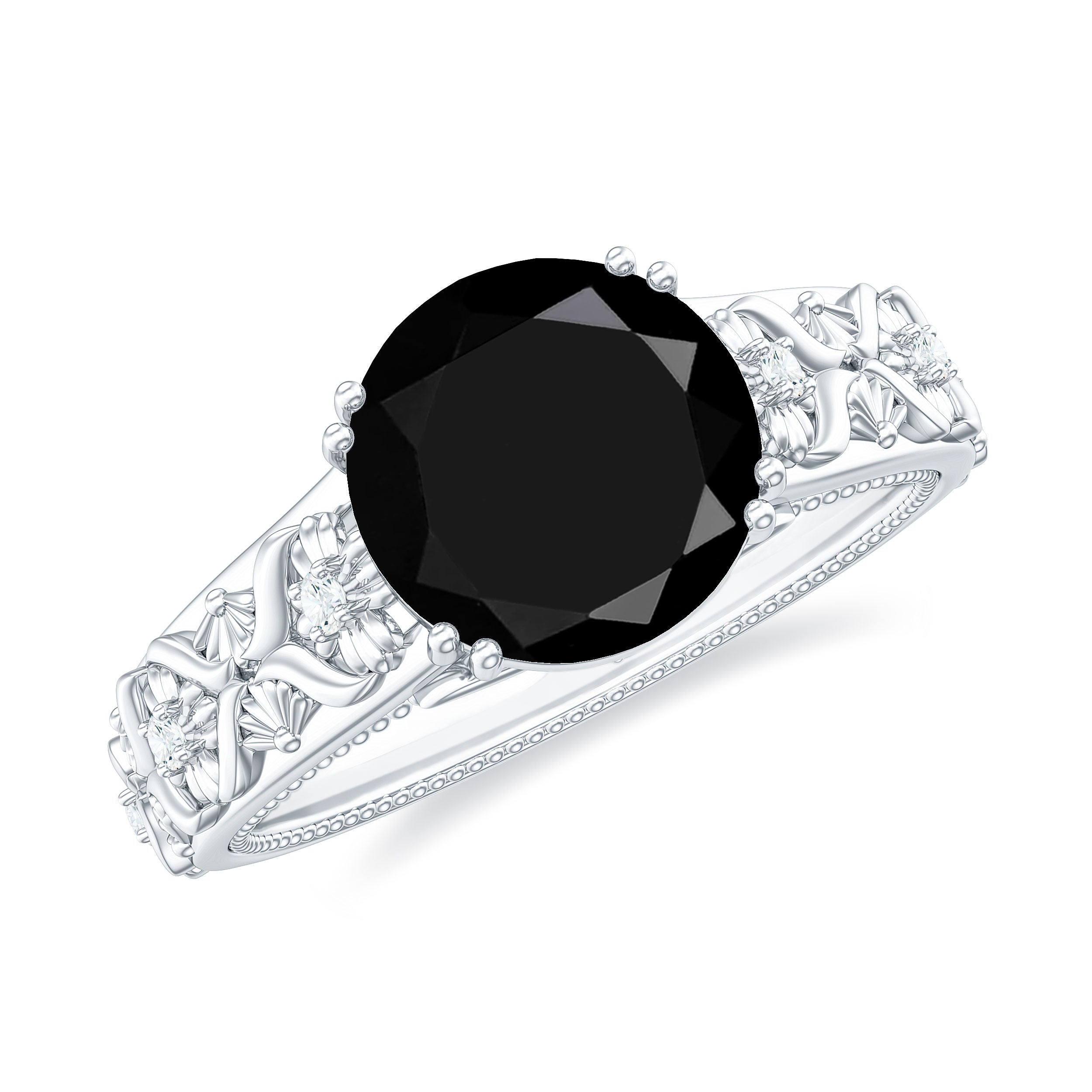 Solitaire Black Spinel Flower Engagement Ring with Diamond Black Spinel - ( AAA ) - Quality - Rosec Jewels