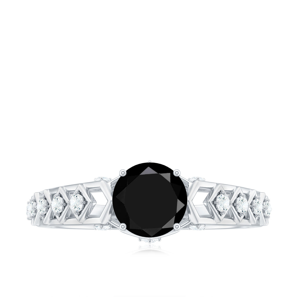 1.50 CT Art Deco Black Spinel Solitaire Ring with Diamond Black Spinel - ( AAA ) - Quality - Rosec Jewels