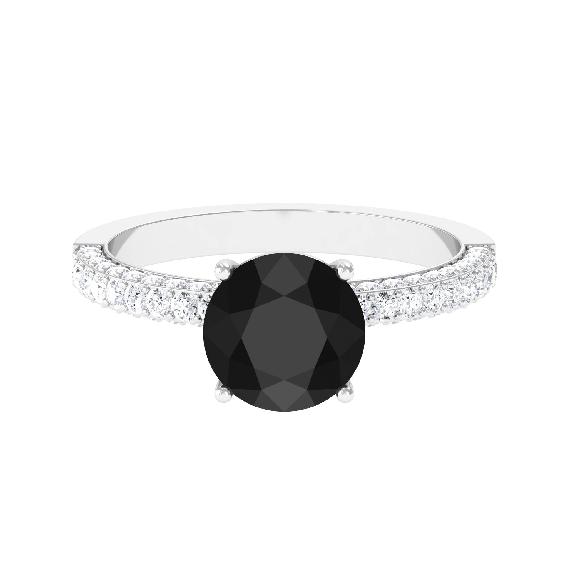 8 MM Black Onyx Solitaire Ring with Moissanite Side Stones Black Onyx - ( AAA ) - Quality - Rosec Jewels