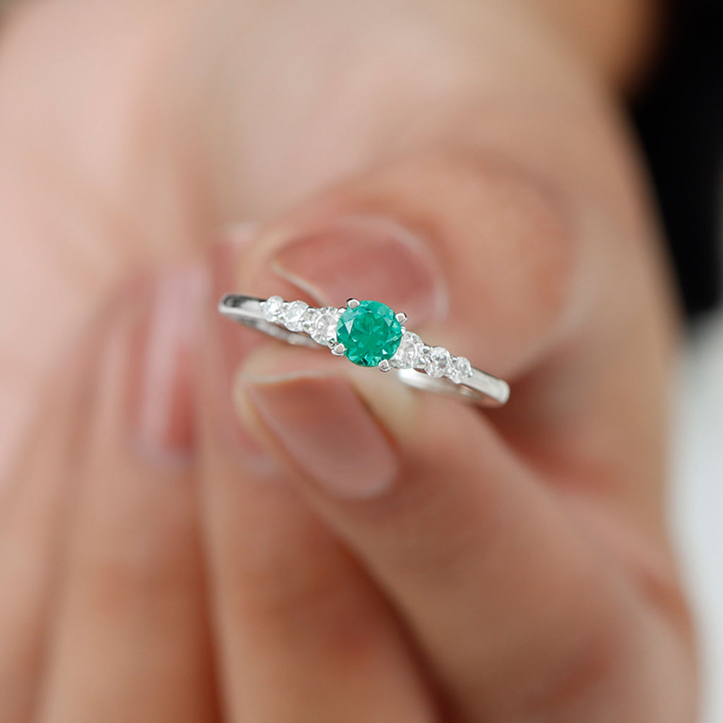 0.75 CT Created Emerald and Diamond Promise Ring Lab Created Emerald - ( AAAA ) - Quality - Rosec Jewels