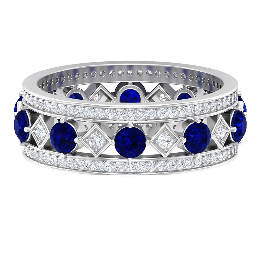 Rosec Jewels-2.25 CT Created Blue Sapphire and Diamond Vintage Wedding Band Ring