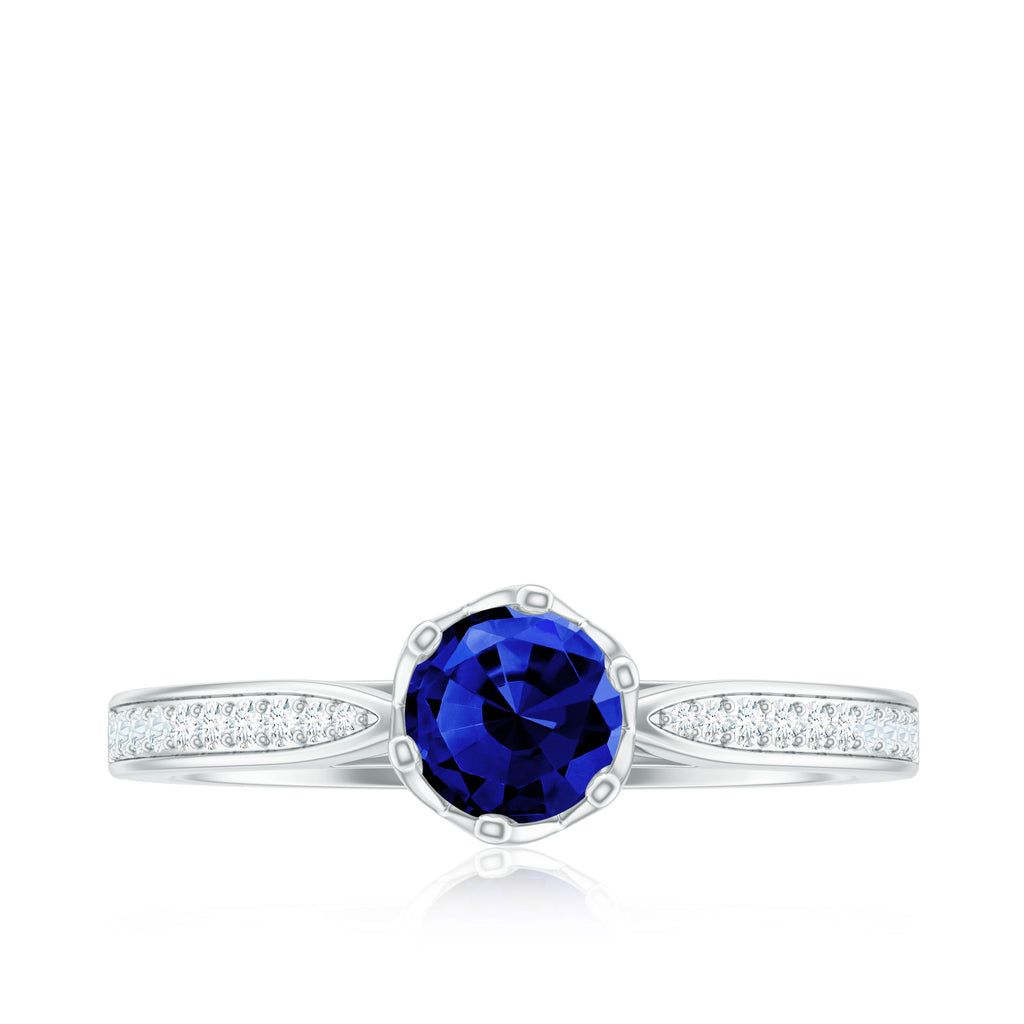 3/4 CT Created Blue Sapphire Solitaire Ring in Decorative Setting with Diamond Side Stones Lab Created Blue Sapphire - ( AAAA ) - Quality - Rosec Jewels