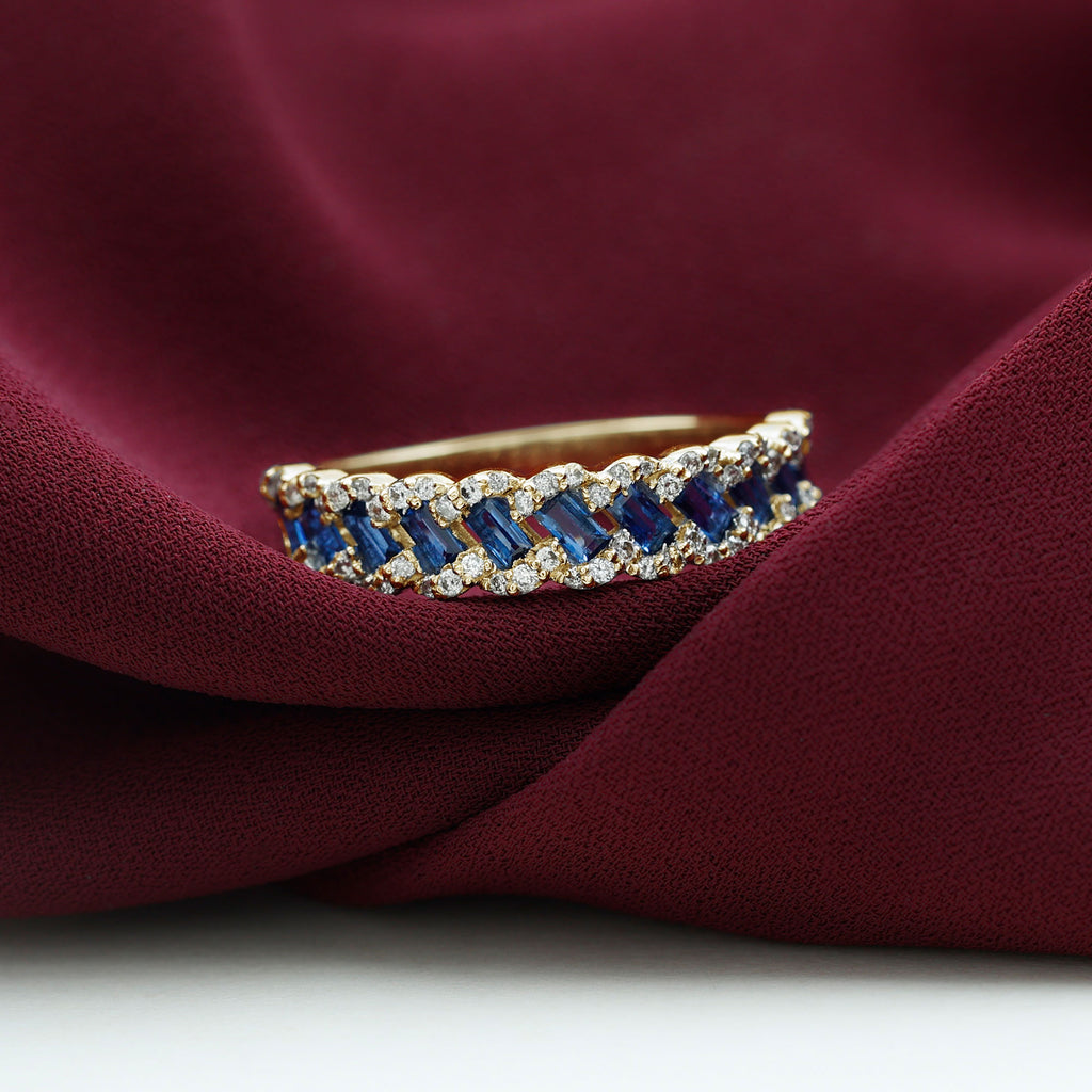 1 CT Created Blue Sapphire and Diamond Antique Half Eternity Band Ring Lab Created Blue Sapphire - ( AAAA ) - Quality - Rosec Jewels