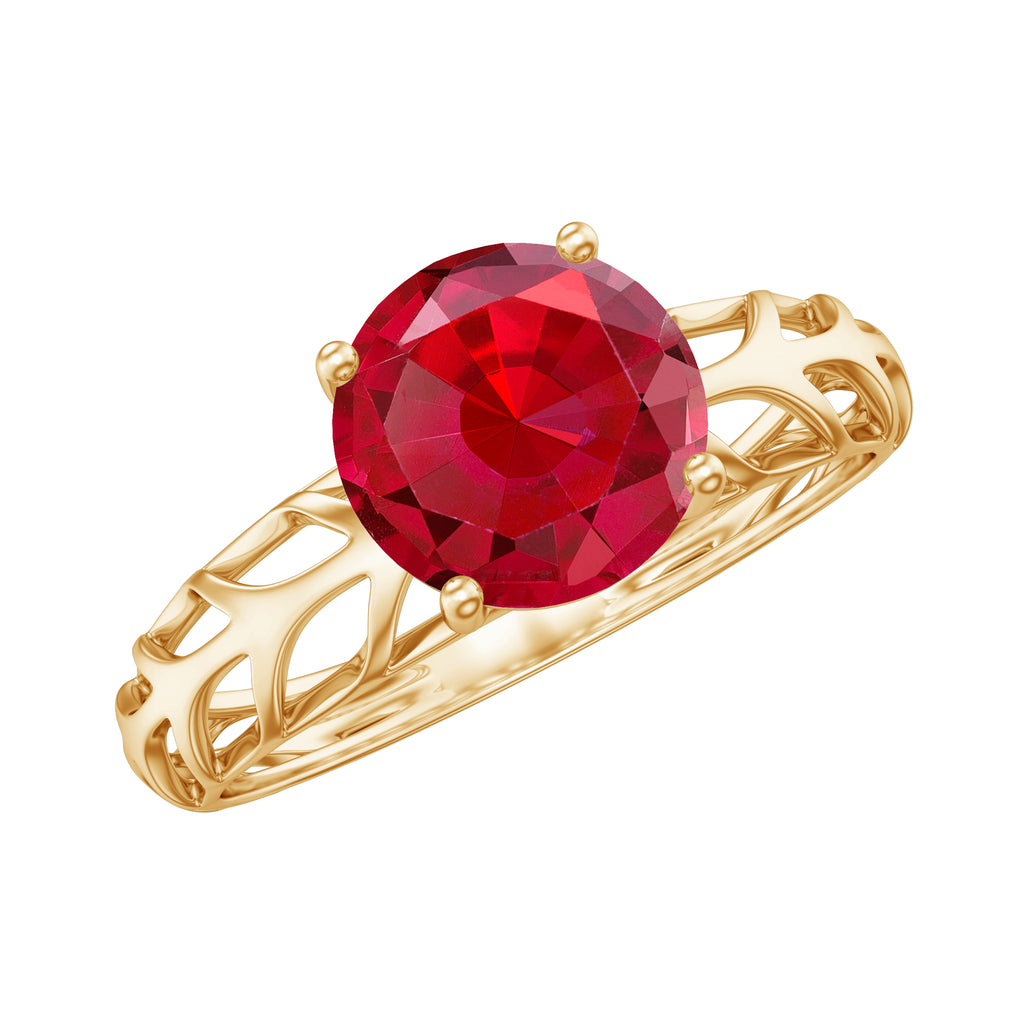 7 MM Lab Created Ruby Solitaire Gold Filigree Ring Lab Created Ruby - ( AAAA ) - Quality - Rosec Jewels