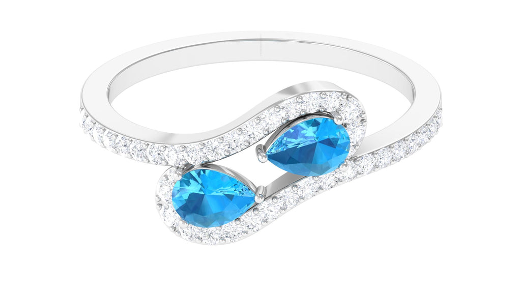 Vintage Inspired Swiss Blue Topaz Bypass Ring with Diamond Swiss Blue Topaz - ( AAA ) - Quality - Rosec Jewels