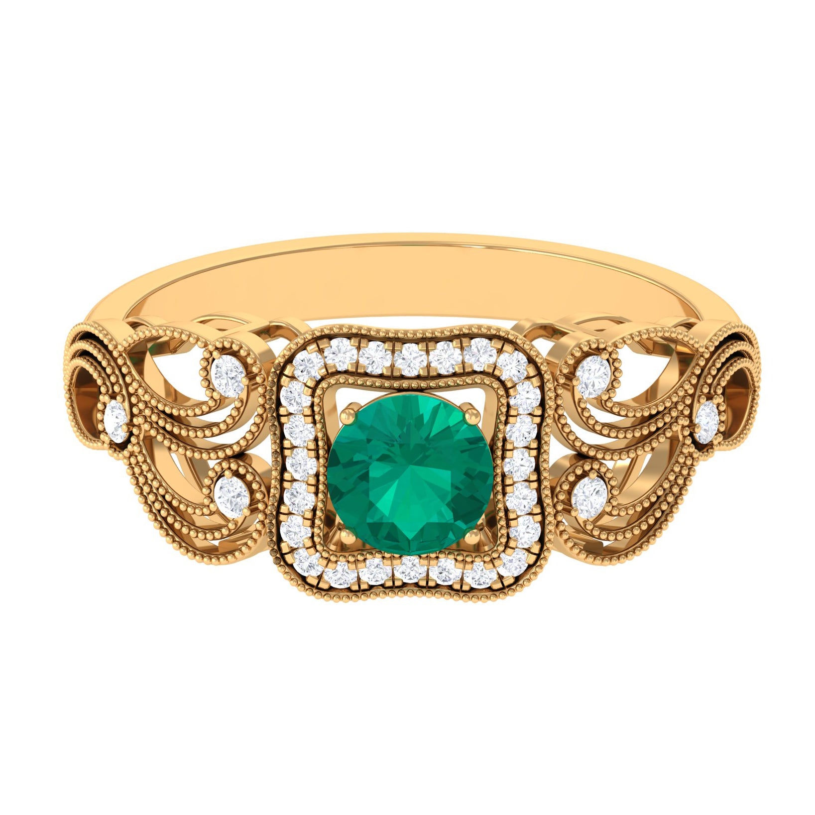 3/4 CT Art Deco Emerald and Diamond Engagement Ring with Milgrain Detailing Emerald - ( AAA ) - Quality - Rosec Jewels