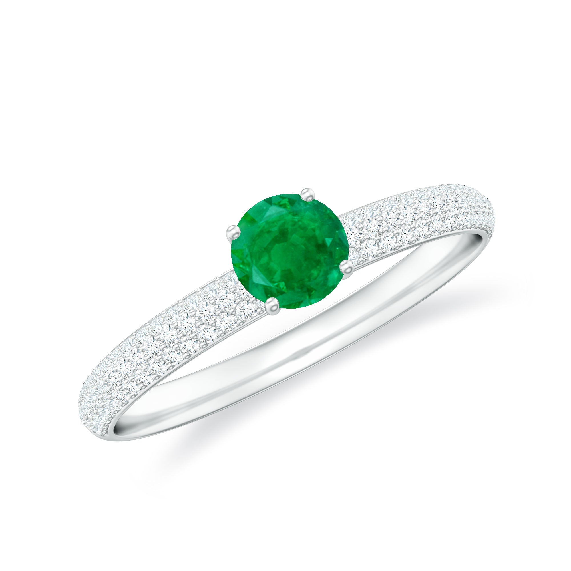 Round Emerald Solitaire Ring with Diamond Side Stones Emerald - ( AAA ) - Quality - Rosec Jewels