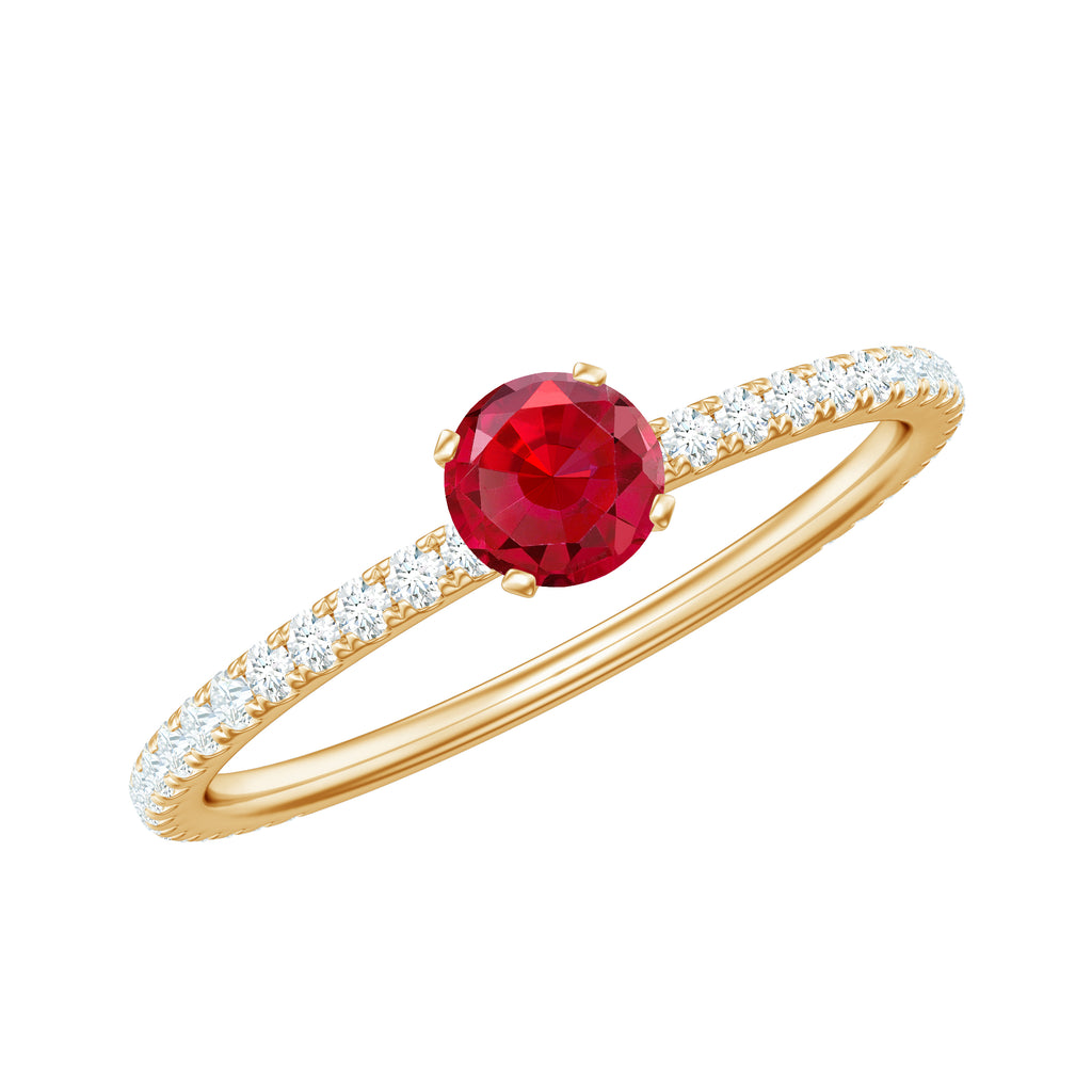 1 CT Lab Grown Ruby Solitaire Ring with Diamond Side Stones Lab Created Ruby - ( AAAA ) - Quality - Rosec Jewels