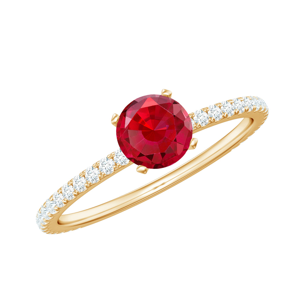 1.25 CT Lab Grown Ruby Solitaire Engagement Ring with Diamond Side Stones Lab Created Ruby - ( AAAA ) - Quality - Rosec Jewels