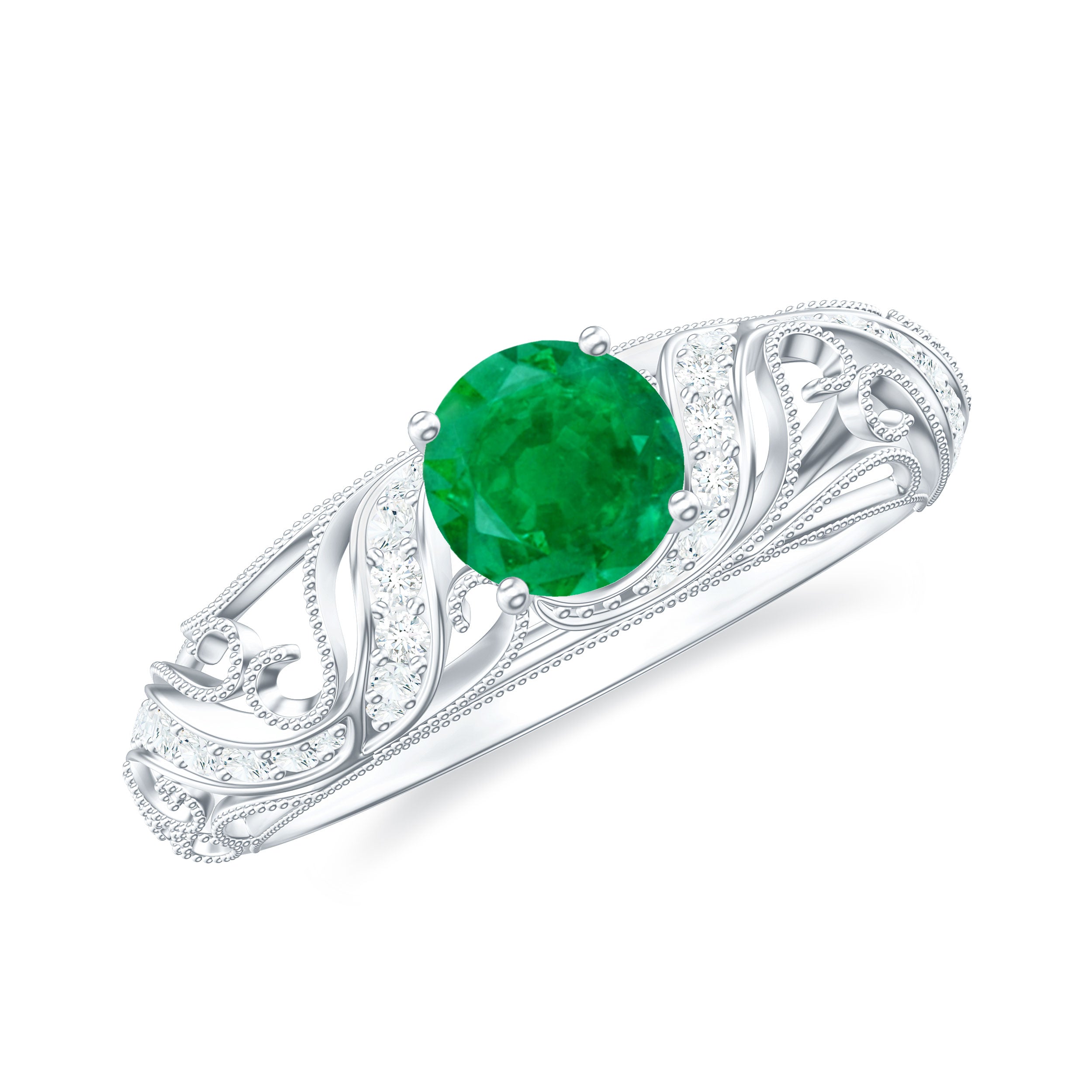 Emerald Vintage Inspired Engagement Ring with Diamond Emerald - ( AAA ) - Quality - Rosec Jewels