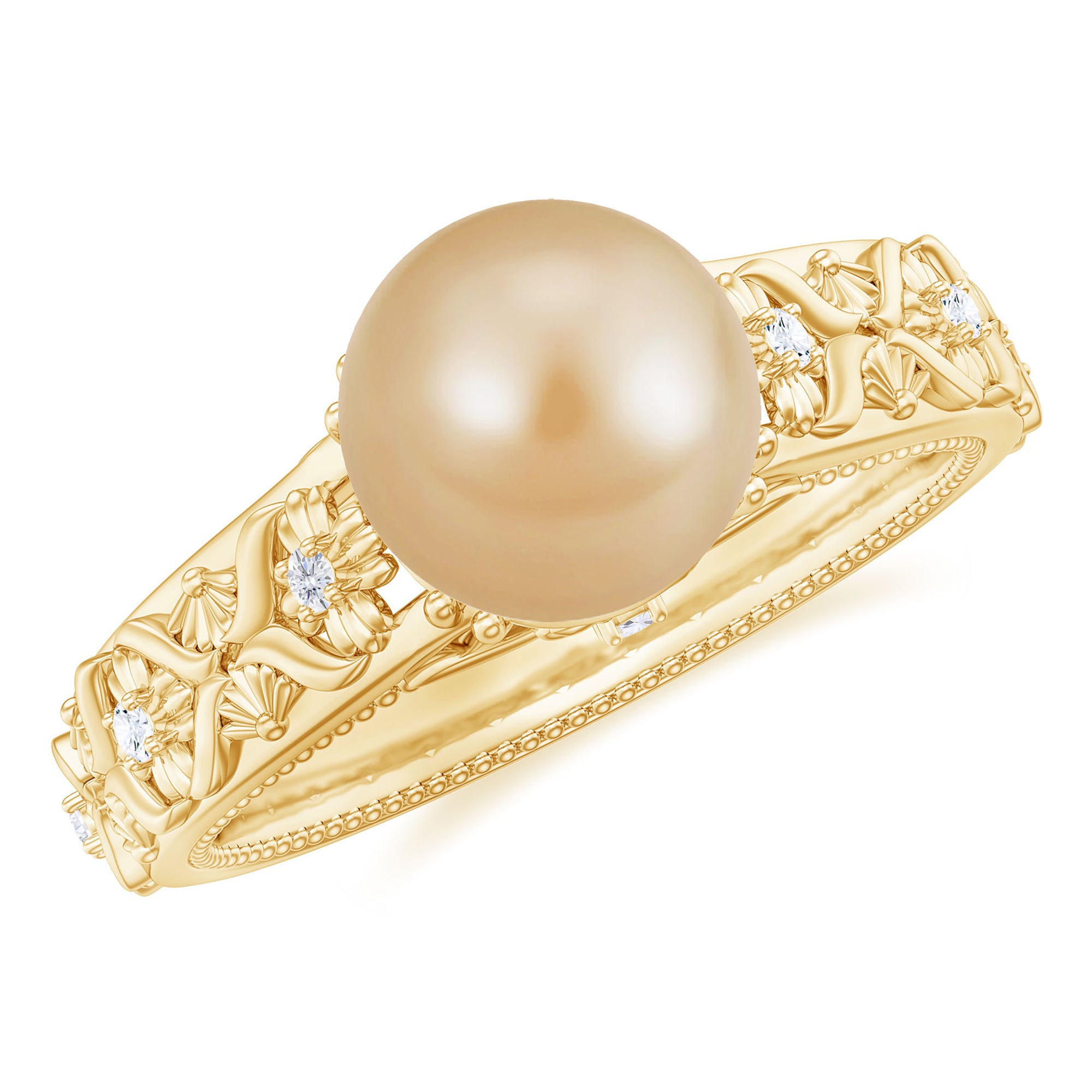 Solitaire South Sea Pearl Flower Engagement Ring with Diamond South Sea Pearl - ( AAA ) - Quality - Rosec Jewels