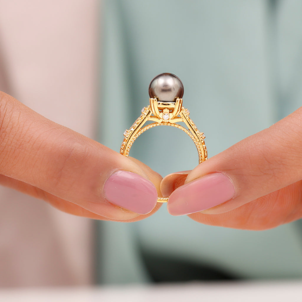 Natural Tahitian Pearl Solitaire with Diamond Filigree Ring Tahitian pearl - ( AAA ) - Quality - Rosec Jewels