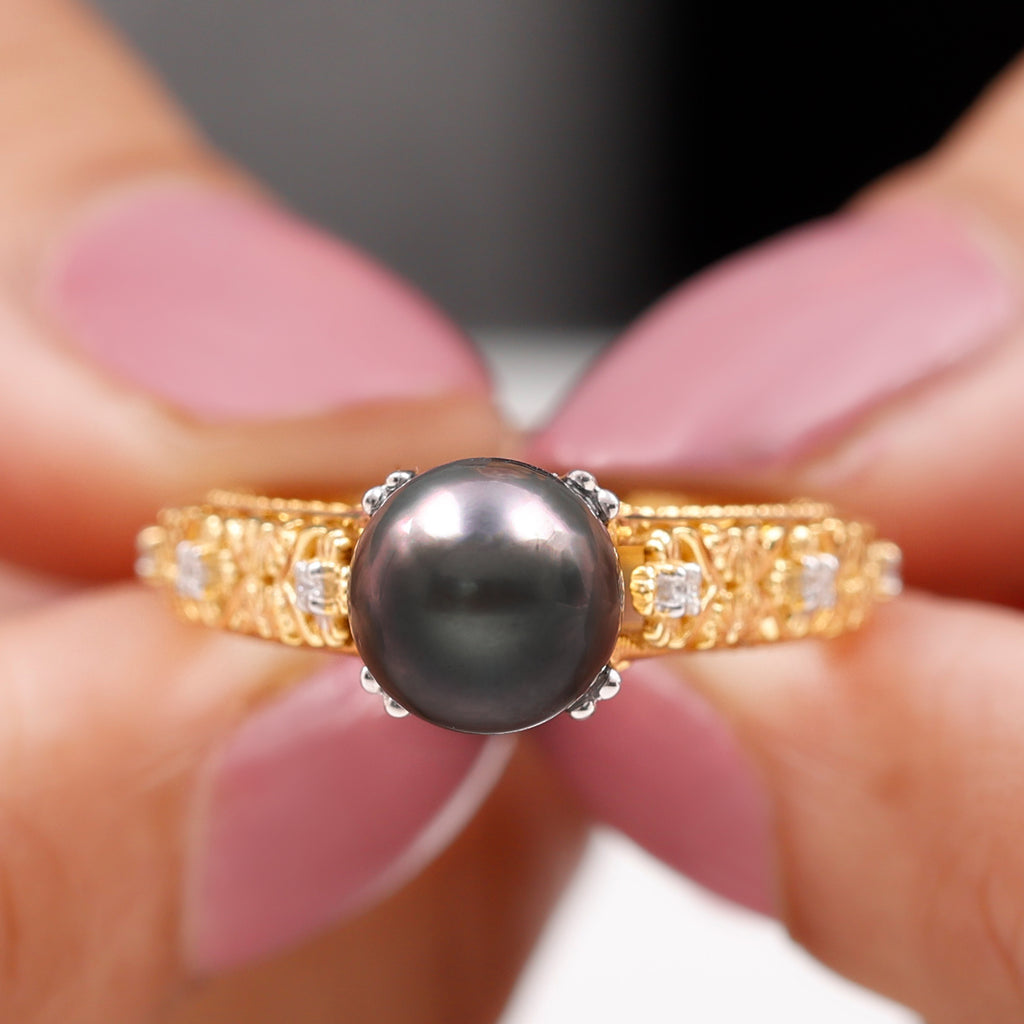 Natural Tahitian Pearl Solitaire with Diamond Filigree Ring Tahitian pearl - ( AAA ) - Quality - Rosec Jewels