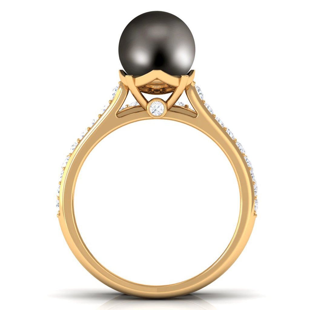 Elegant Wedding Ring Set with 9.75 CT Tahitian Pearl and Moissanite Tahitian pearl - ( AAA ) - Quality - Rosec Jewels