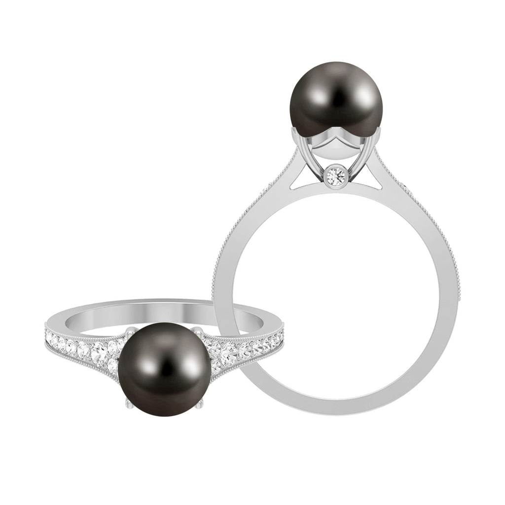 Milgrain Engagement Ring with Tahitian Pearl and Diamond