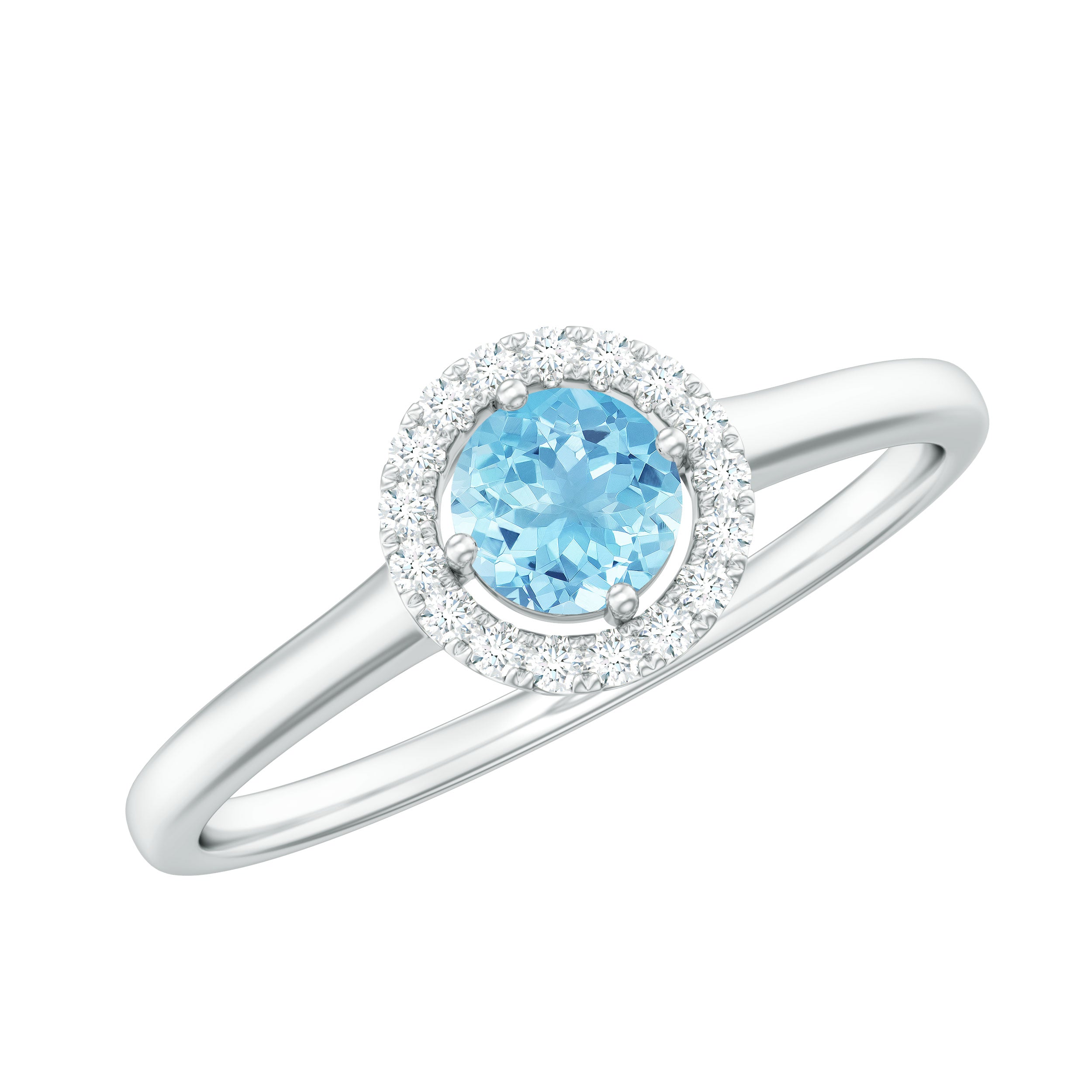 1/4 CT Round Aquamarine and Diamond Halo Ring Aquamarine - ( AAA ) - Quality - Rosec Jewels