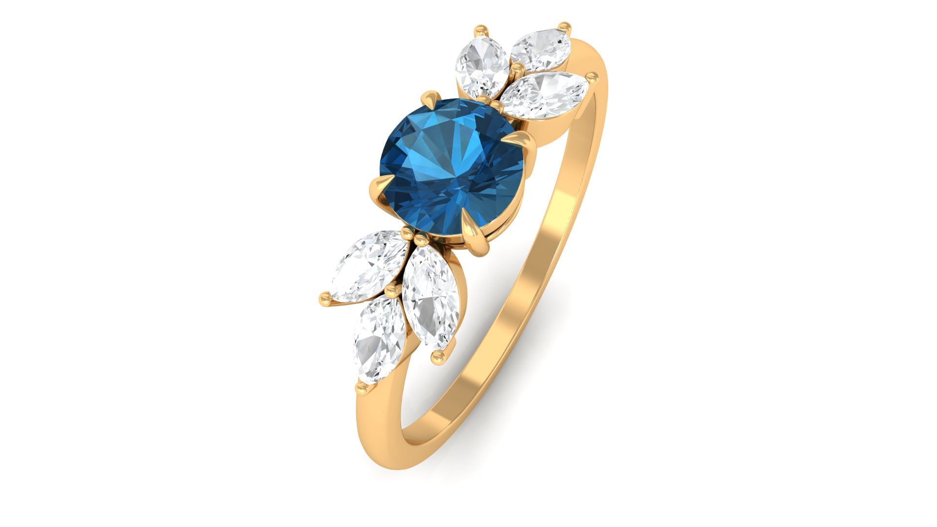 1 CT Nature Inspired London Blue Topaz Ring with Diamond Trio London Blue Topaz - ( AAA ) - Quality - Rosec Jewels