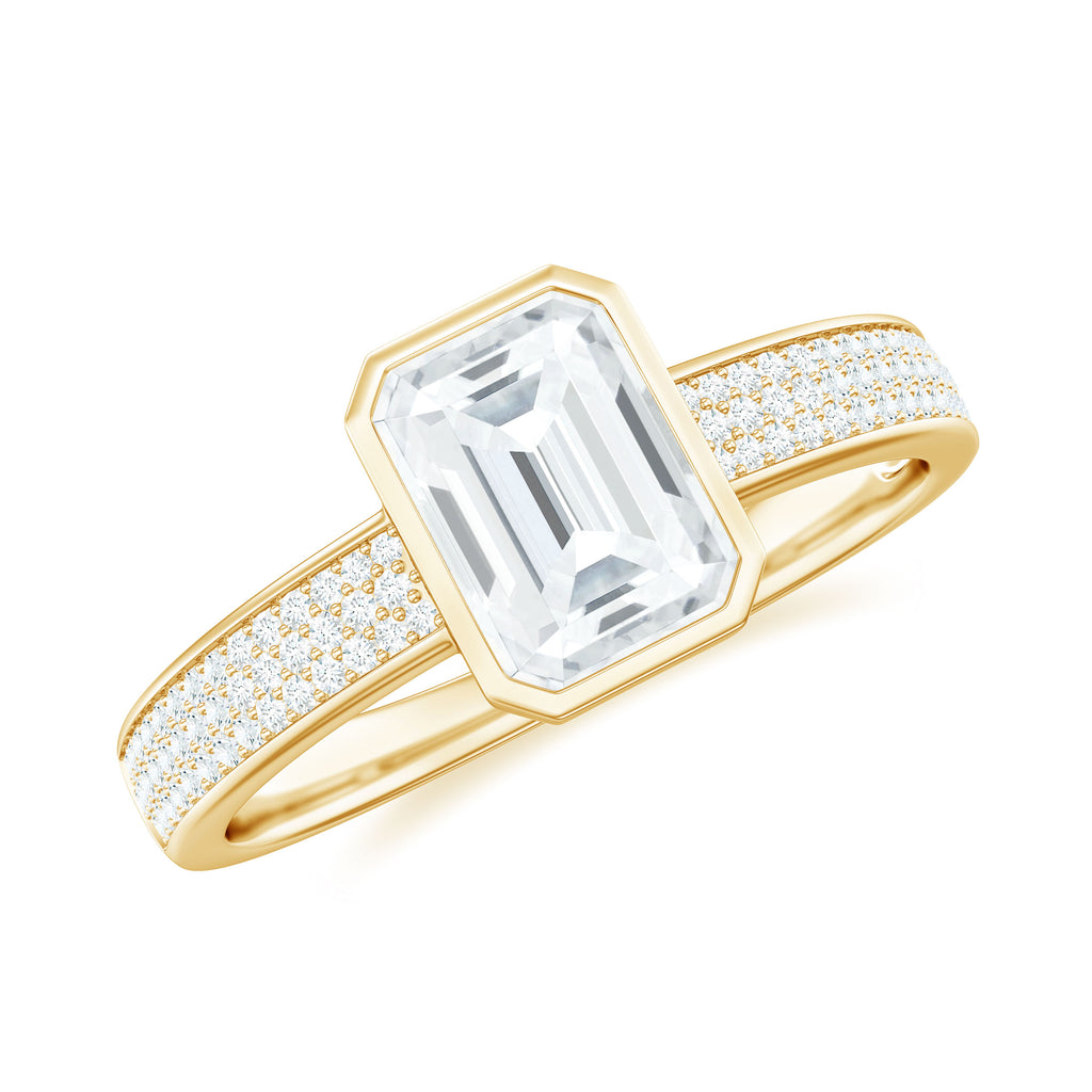 Emerald Cut Moissanite Solitaire Engagement Ring in Bezel Setting Moissanite - ( D-VS1 ) - Color and Clarity - Rosec Jewels