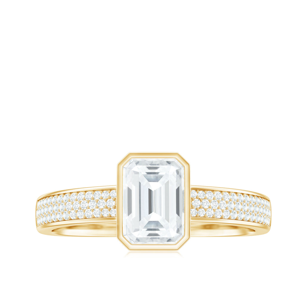 Emerald Cut Moissanite Solitaire Engagement Ring in Bezel Setting Moissanite - ( D-VS1 ) - Color and Clarity - Rosec Jewels