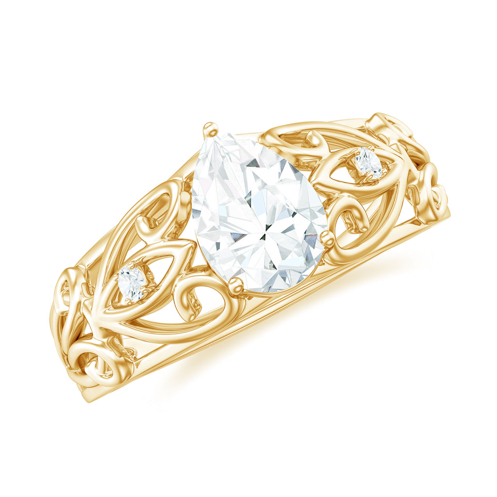 Pear Shaped Moissanite Solitaire Antique Style Ring in Gold Moissanite - ( D-VS1 ) - Color and Clarity - Rosec Jewels