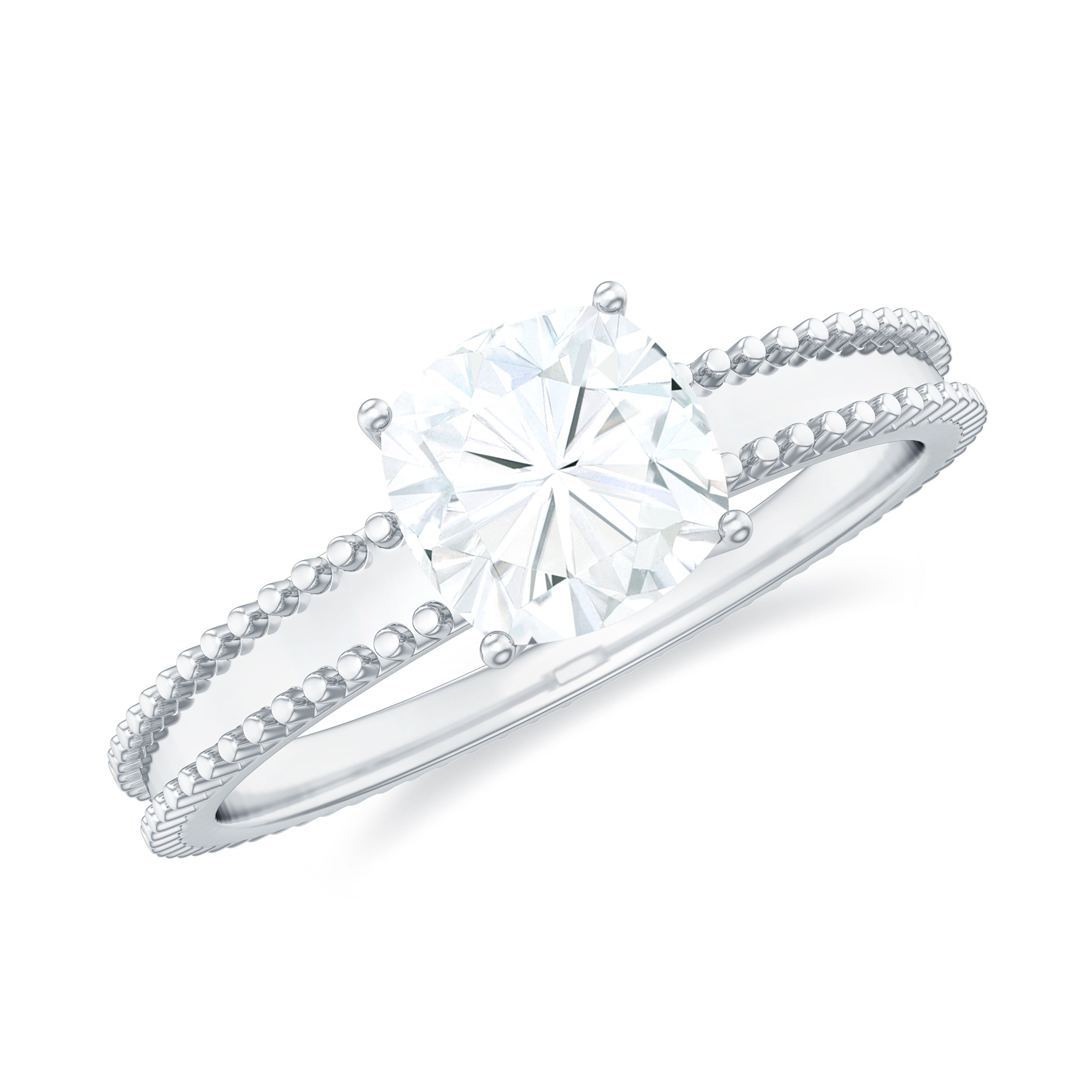 Cushion Cut Moissanite Solitaire Ring with Beaded Moissanite - ( D-VS1 ) - Color and Clarity - Rosec Jewels