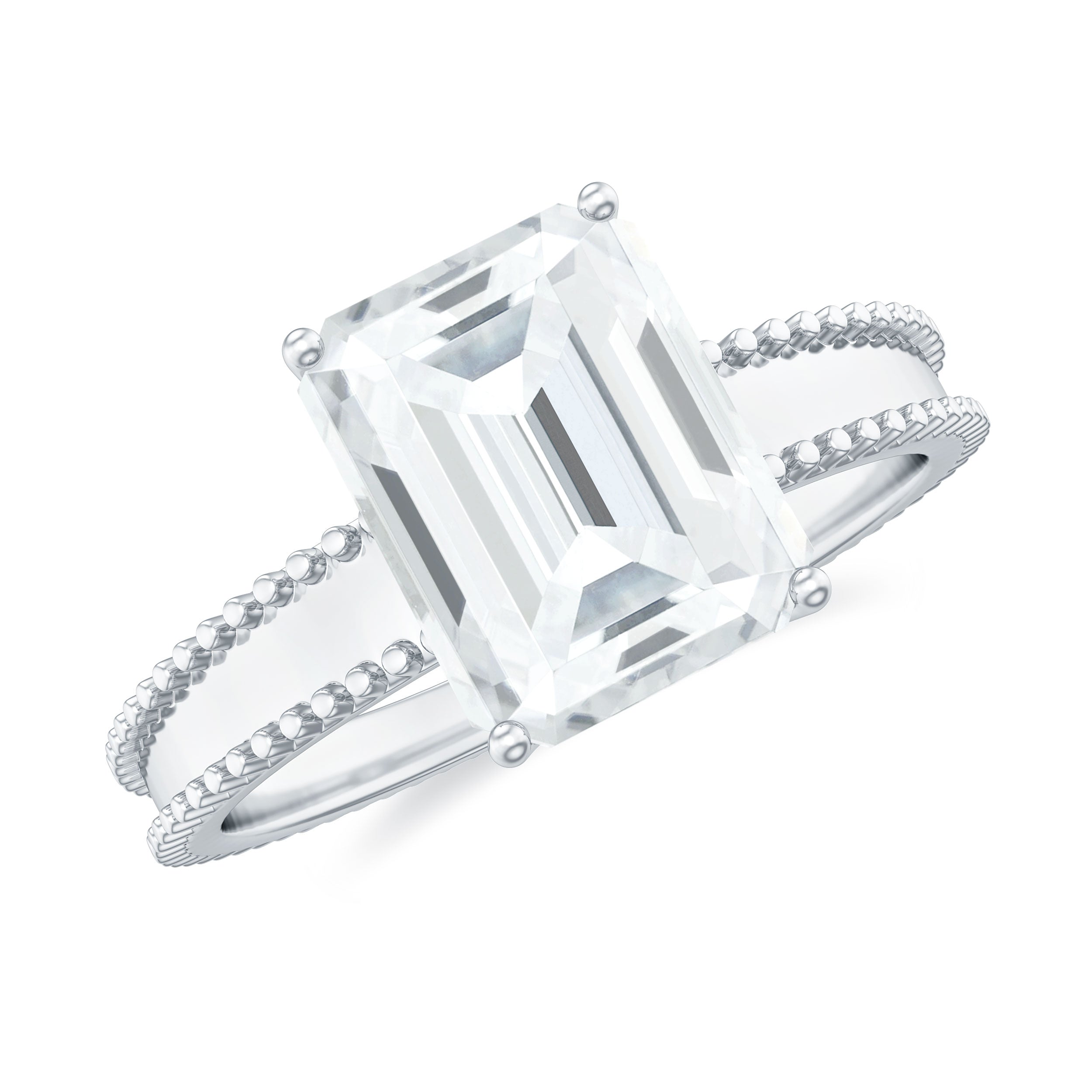 Emerald Cut Moissanite Beaded Solitaire Ring Moissanite - ( D-VS1 ) - Color and Clarity - Rosec Jewels