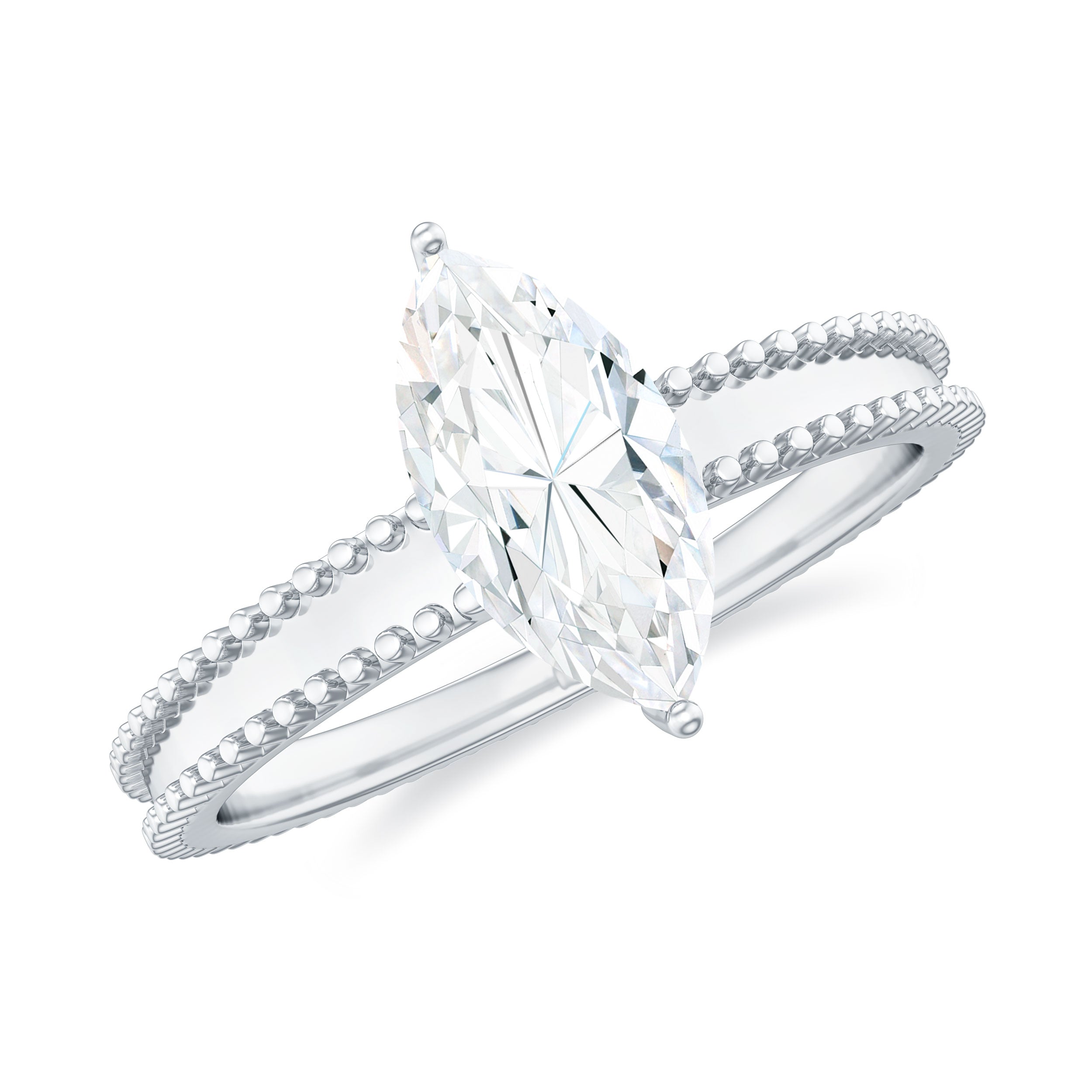 Marquise Cut Moissanite Solitaire Ring with Beaded Details Moissanite - ( D-VS1 ) - Color and Clarity - Rosec Jewels