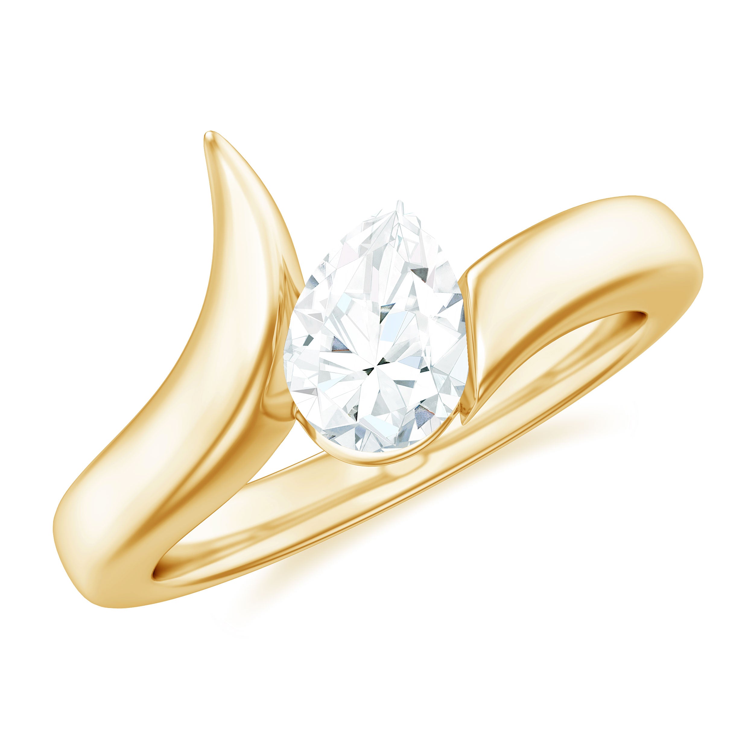 Pear Shaped Certified Moissanite Solitaire Bypass Ring in Gold Moissanite - ( D-VS1 ) - Color and Clarity - Rosec Jewels