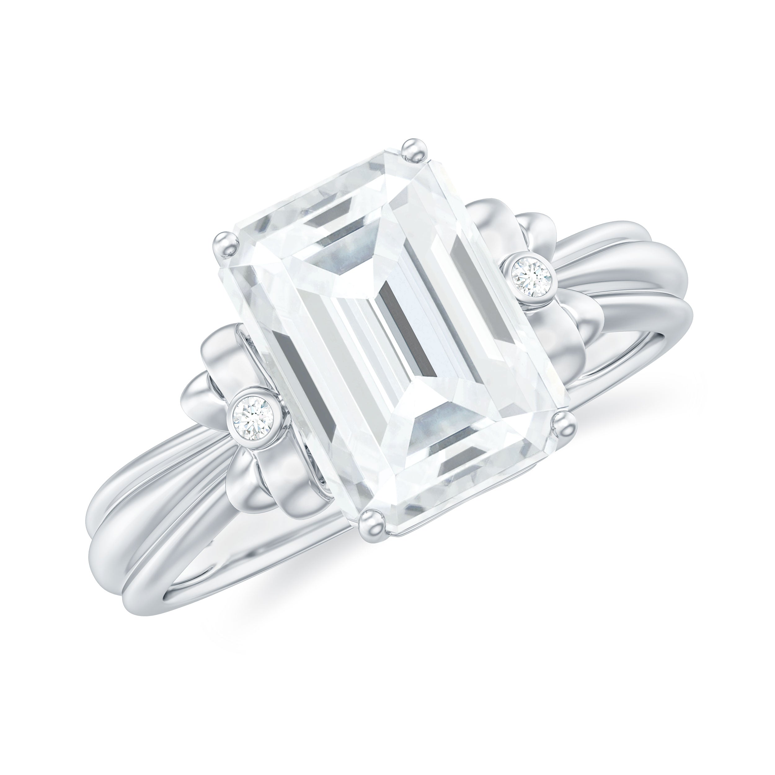 Emerald Cut Moissanite Solitaire Engagement Ring with Bow Moissanite - ( D-VS1 ) - Color and Clarity - Rosec Jewels