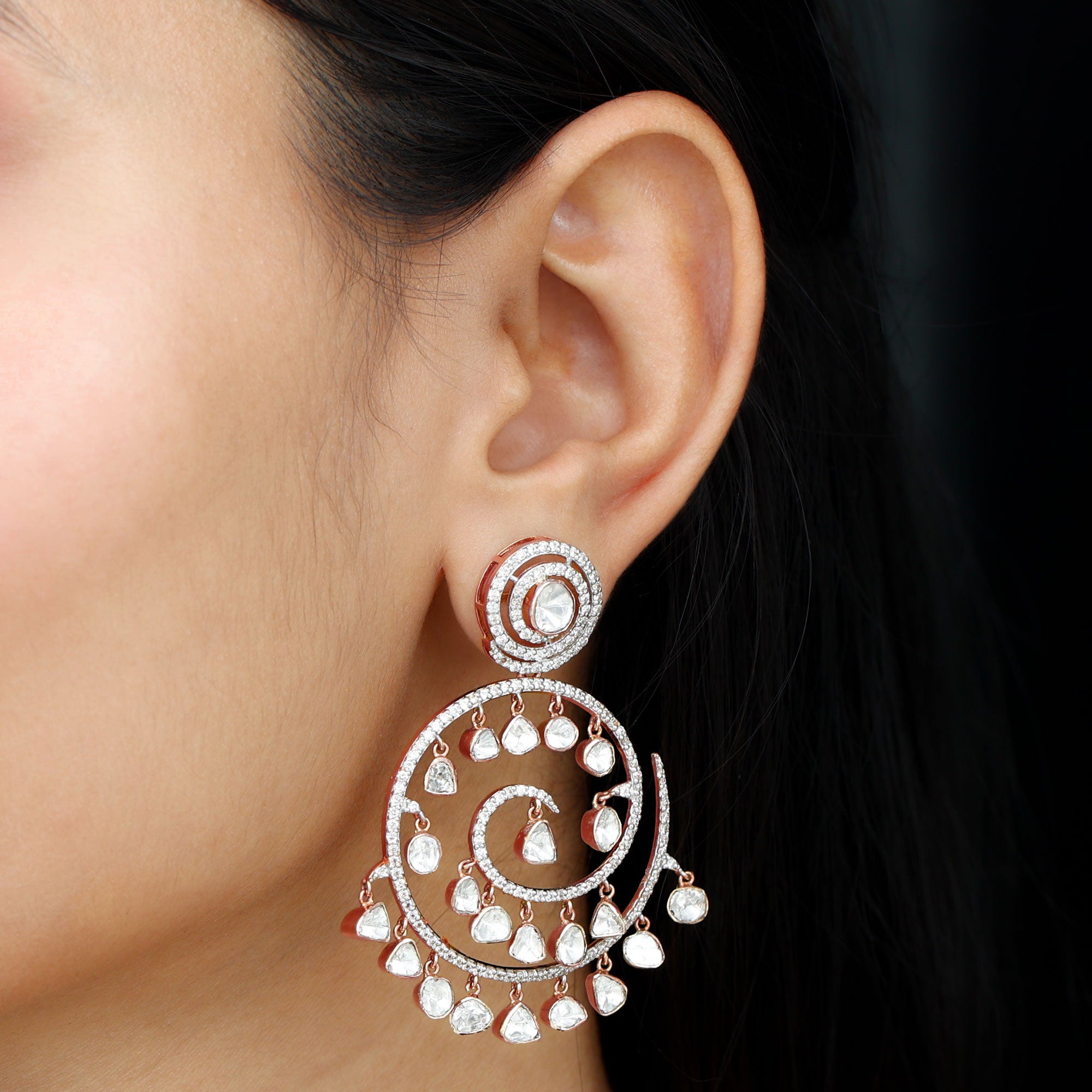 Designer Polki Diamond Chandelier Spiral Earrings in Gold - Rosec Jewels