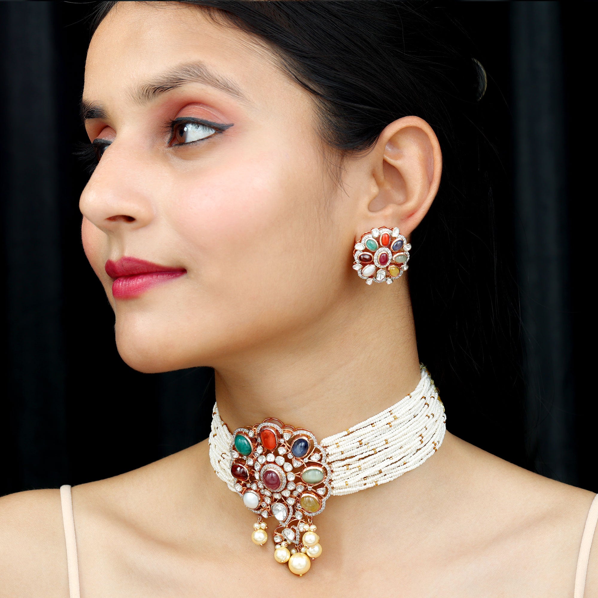 Multi Gemstone Polki Jewelry Set with Diamond and Pearl - Rosec Jewels