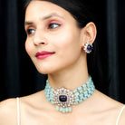 Created Tanzanite Polki Diamond Necklace Earrings Set with Created Blue Sapphire and Beryl - Rosec Jewels