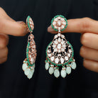 Jadau Polki Diamond Long Dangle Earrings with Synthetic Emerald and Pearl - Rosec Jewels