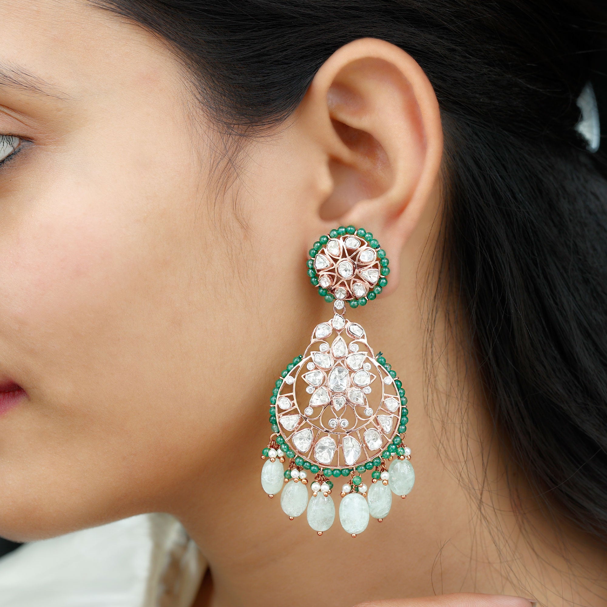 Jadau Polki Diamond Long Dangle Earrings with Synthetic Emerald and Pearl - Rosec Jewels
