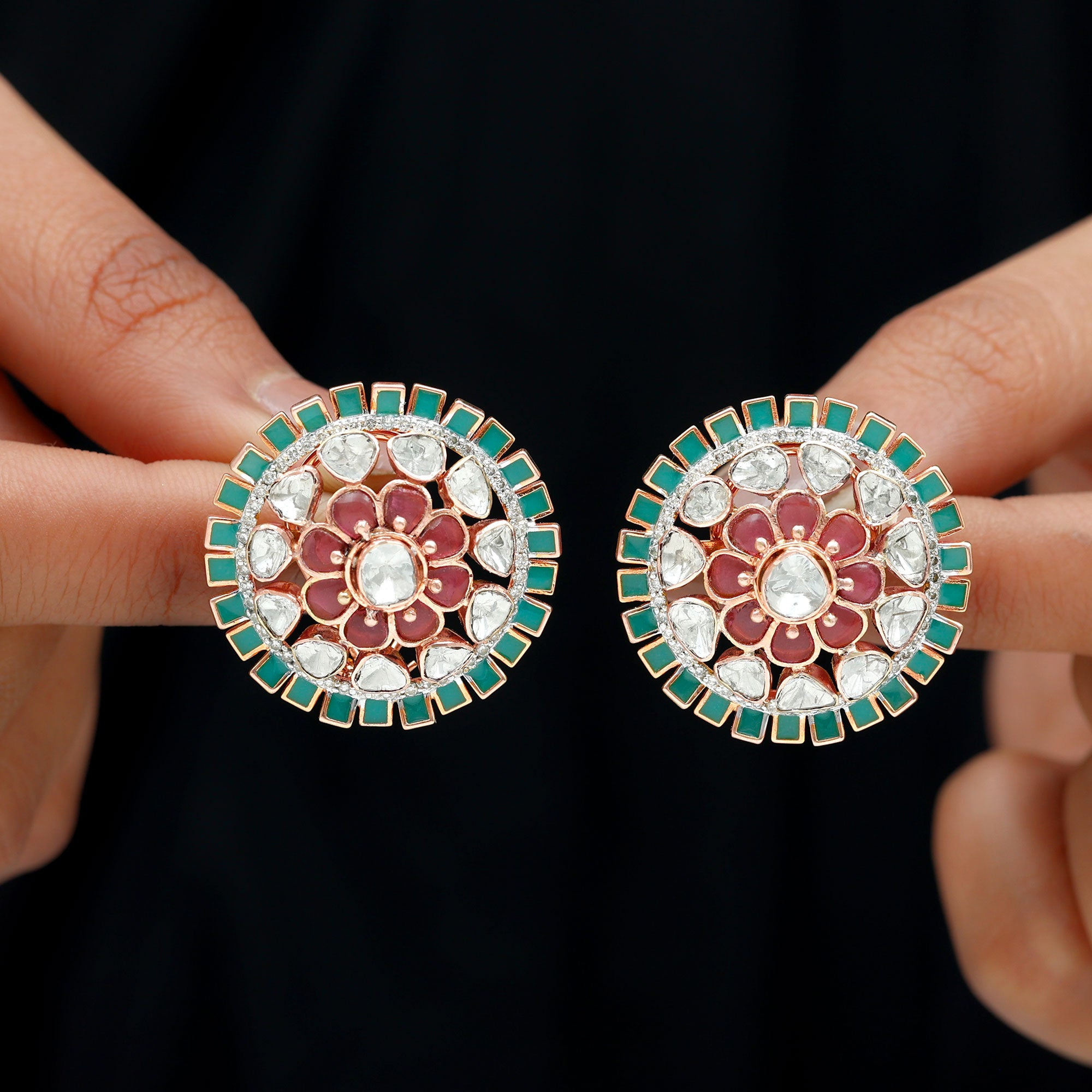 Diamond Polki Flower Stud Earrings with Created Tourmaline and Enamel - Rosec Jewels