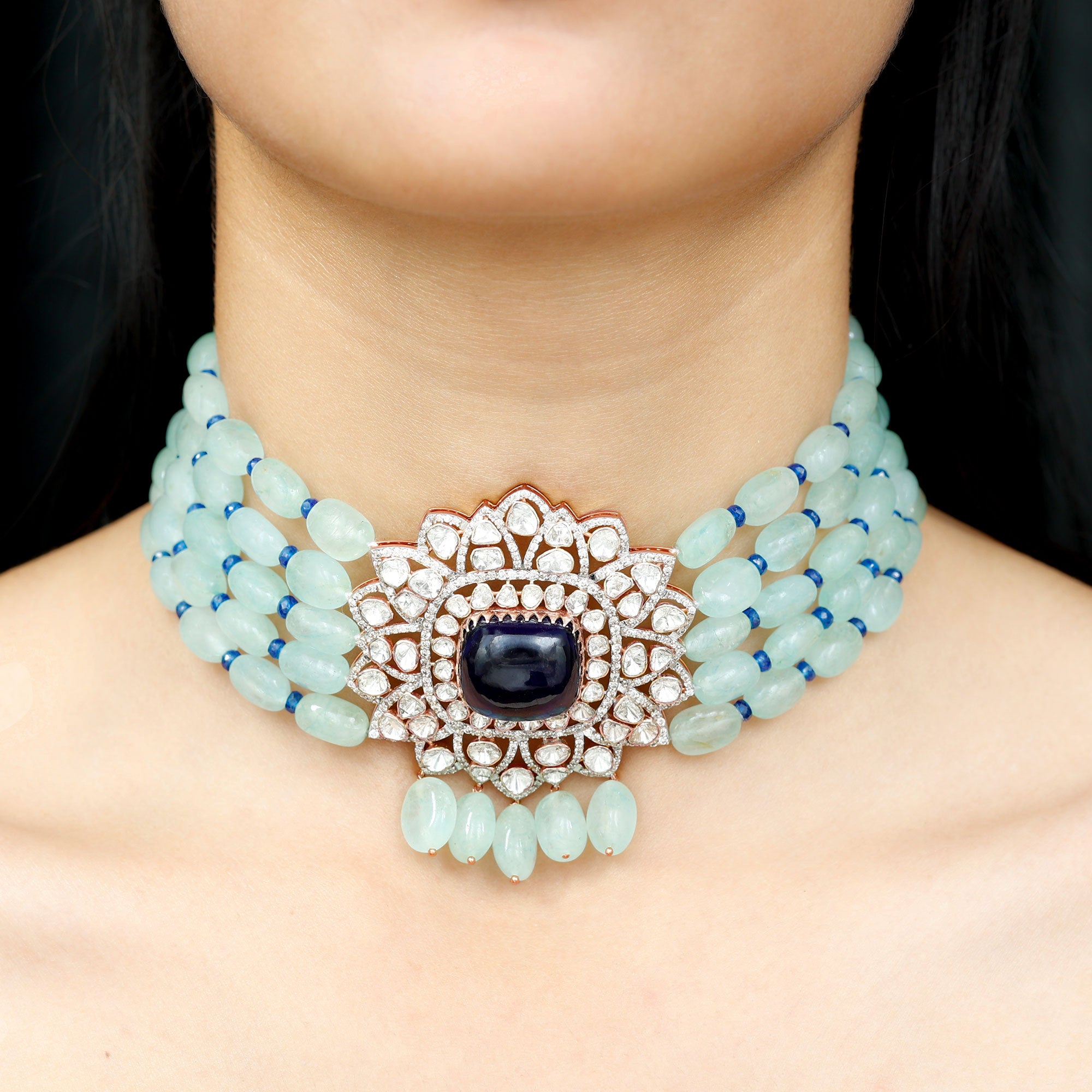 26 CT Created Tanzanite Polki Diamond Choker Necklace with Created Blue Sapphire and Beryl - Rosec Jewels