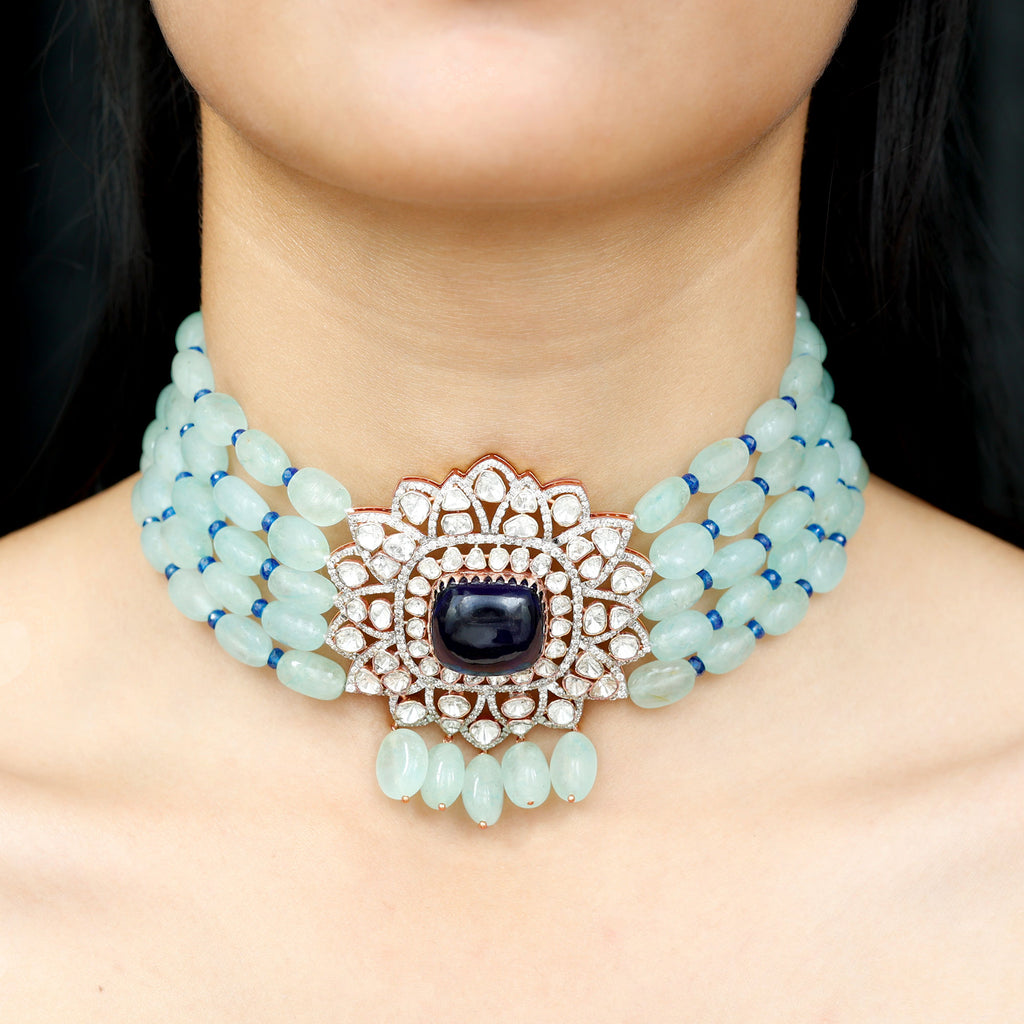 26 CT Created Tanzanite Polki Diamond Choker Necklace with Created Blue Sapphire and Beryl