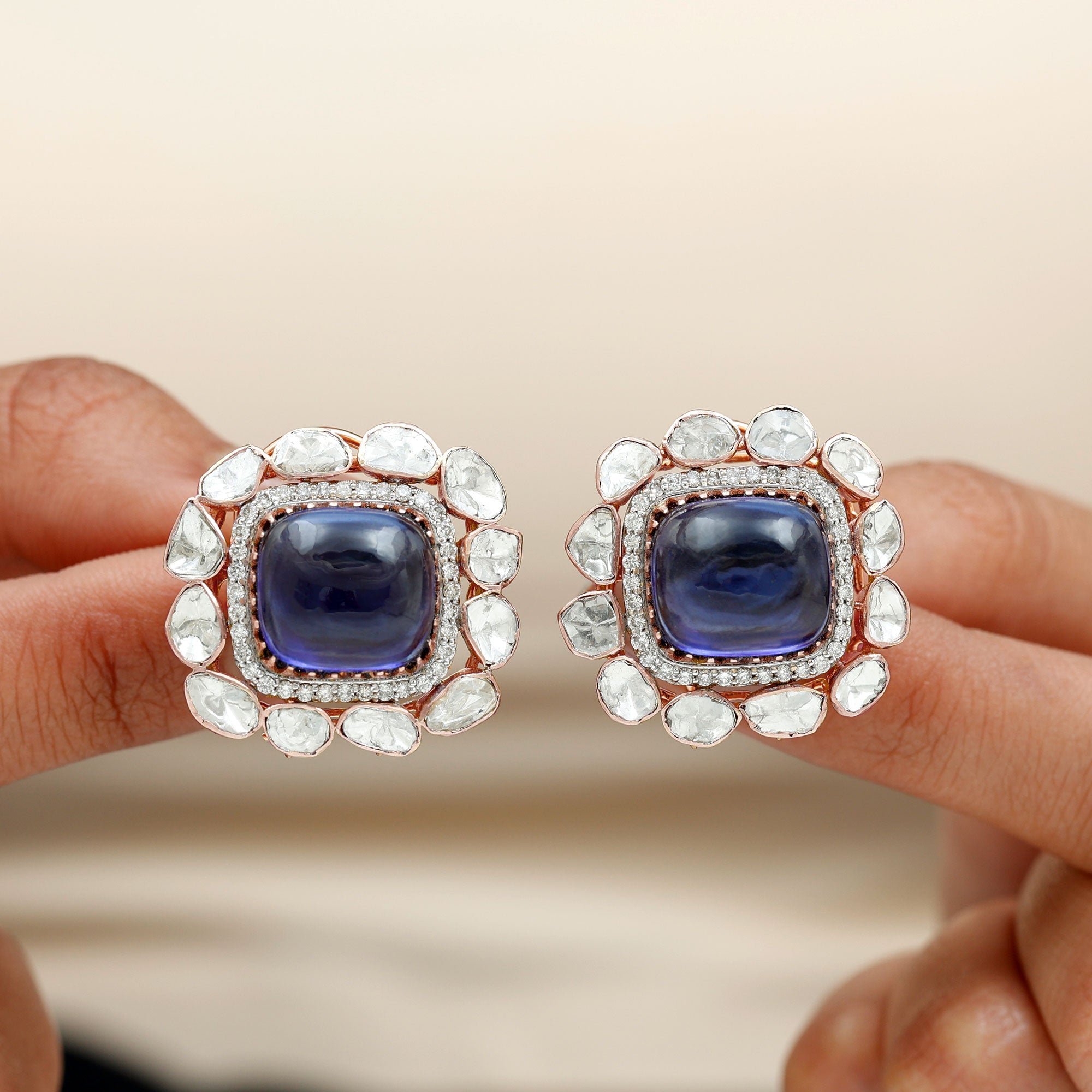 Lab Created Tanzanite Stud Earrings with Polki Diamond Double Halo - Rosec Jewels