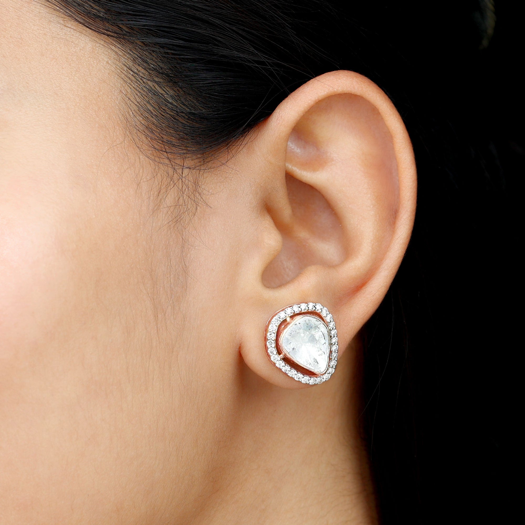 Elegant Single Polki Diamond Halo Stud Earrings in 14k Gold - Rosec Jewels