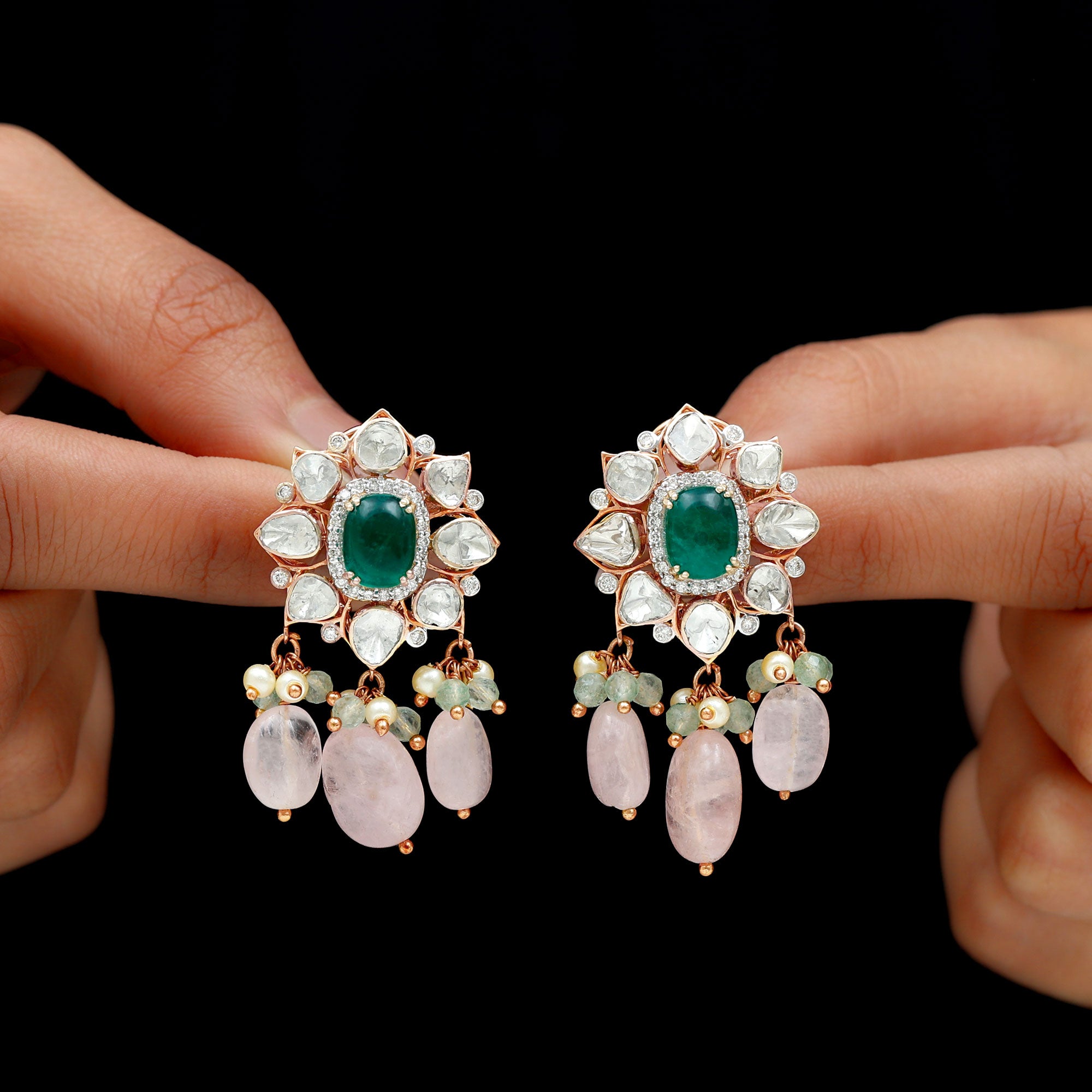 Created Emerald Diamond Polki Flower Drop Earrings with Morganite - Rosec Jewels