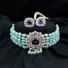 Created Tanzanite Polki Diamond Necklace Earrings Set with Created Blue Sapphire and Beryl - Rosec Jewels