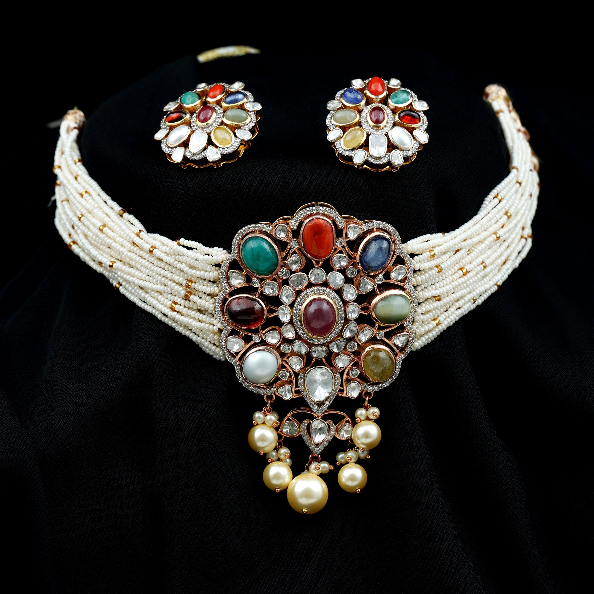 Multi Gemstone Polki Jewelry Set with Diamond and Pearl - Rosec Jewels