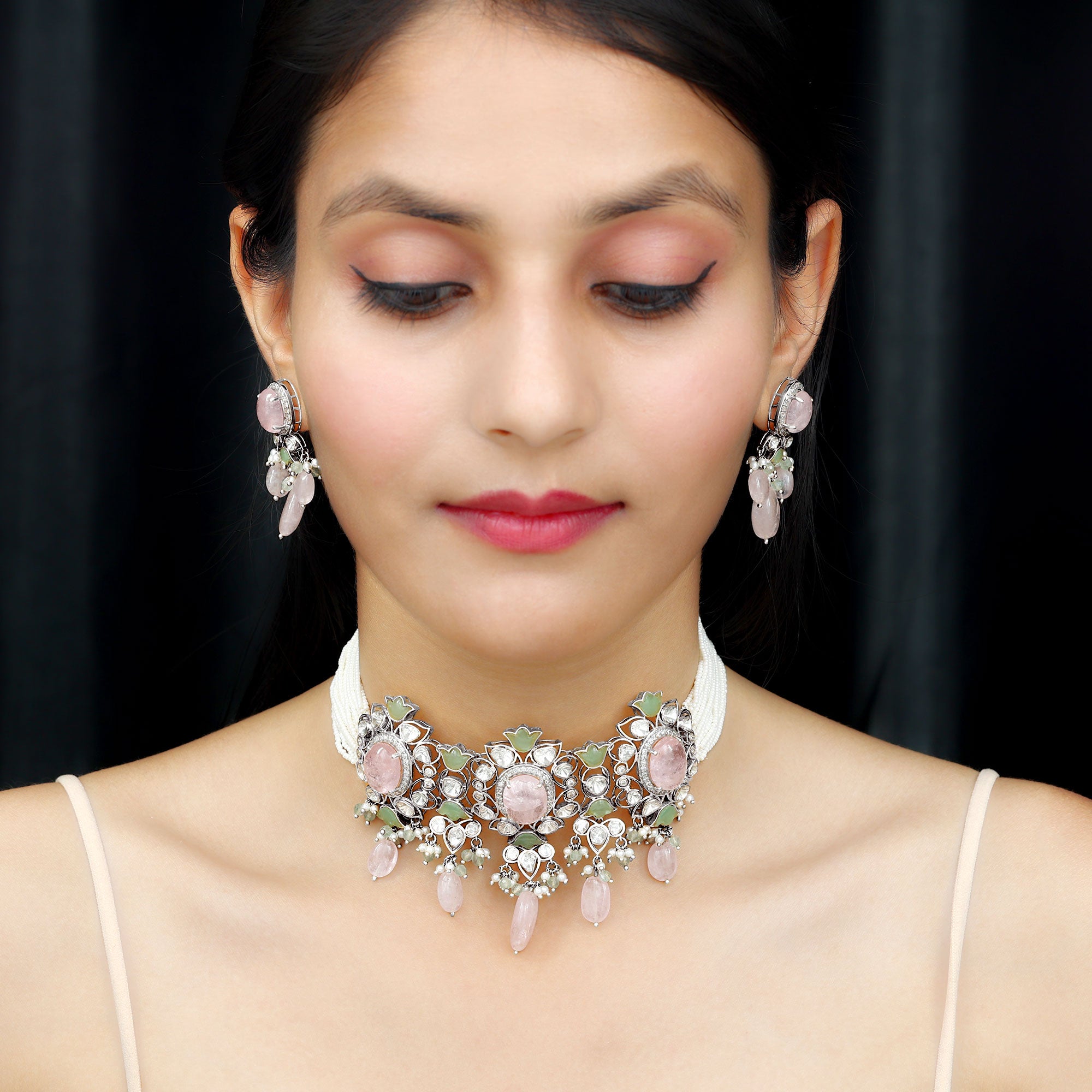 Pink Morganite and Diamond Polki Indian Bridal Jewelry Set with Created Emerald and Pearl - Rosec Jewels